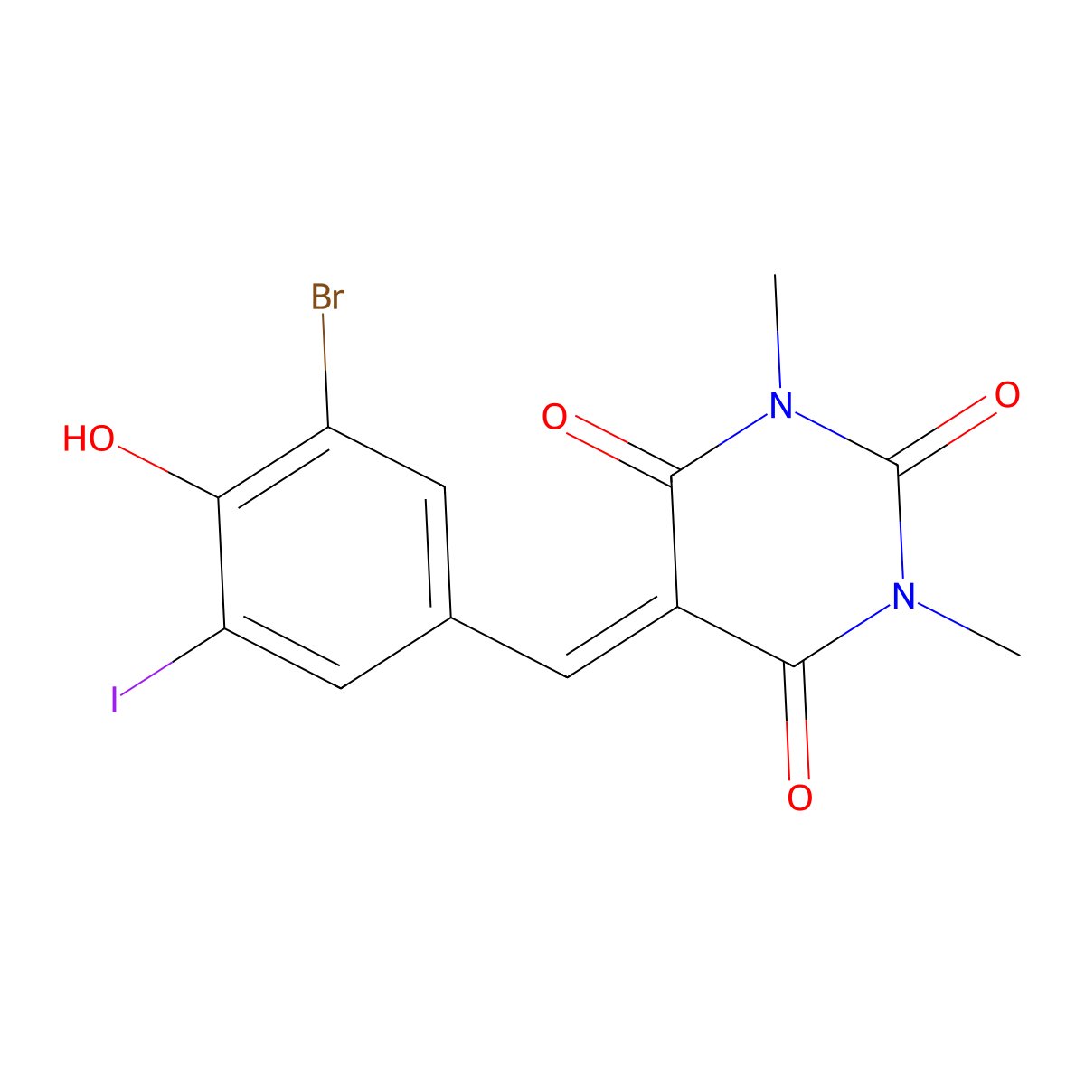 5-(3-bromo-4-hydroxy-5-iodobenzylidene)-1,3-dimethylpyrimidine-2,4,6(1H,3H,5H)-trione molecular structure, CAS 6012-49-3