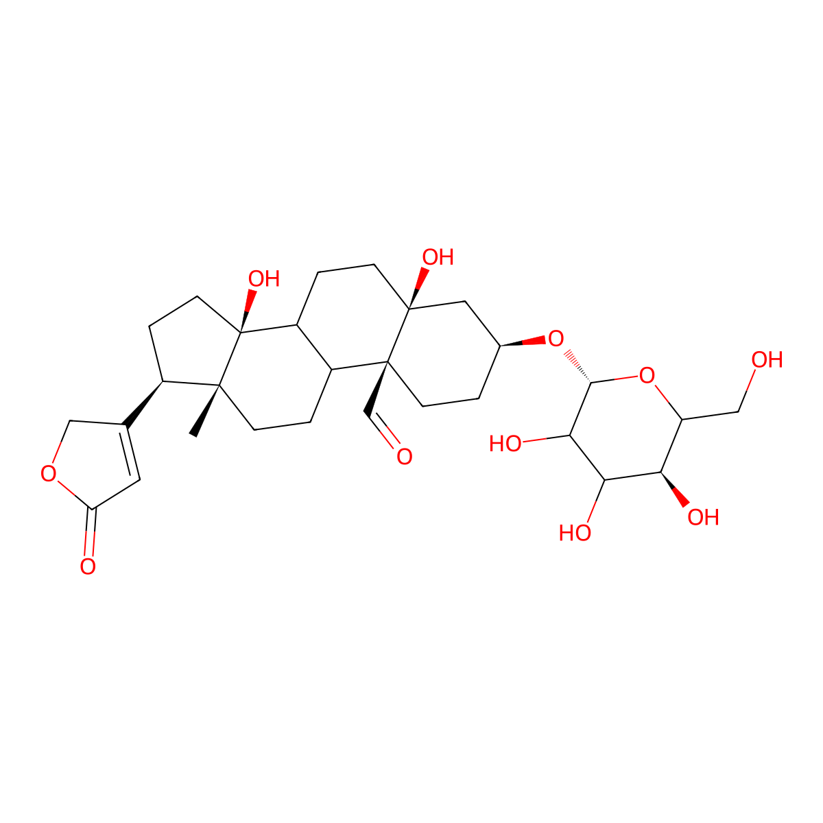 (3S,5S,10S,13R,14S,17R)-5,14-dihydroxy-13-methyl-17-(5-oxo-2H-furan-3-yl)-3-[(2R,5S)-3,4,5-trihydroxy-6-(hydroxymethyl)oxan-2-yl]oxy-2,3,4,6,7,8,9,11,12,15,16,17-dodecahydro-1H-cyclopenta[a]phenanthrene-10-carbaldehyde molecular structure, CAS 6014-43-3
