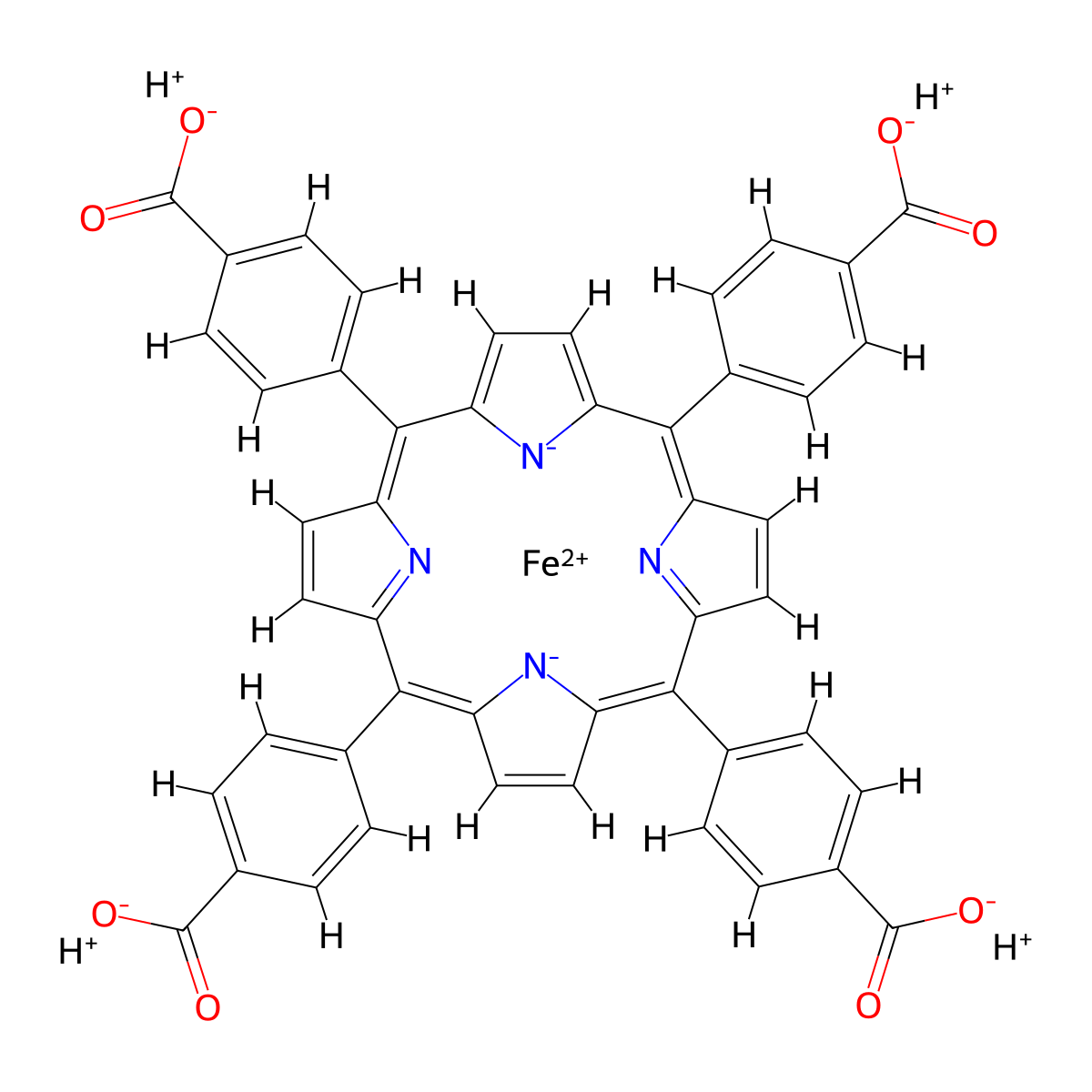 Hydrogen (SP-4-1)-[[4,4',4'',4'''-(21H,23H-porphine-5,10,15,20-tetrayl-κN21,κN22,κN23,κN24)tetrakis[benzoato]](6-)]ferrate(4-) (4:1) molecular structure, CAS 60146-43-2