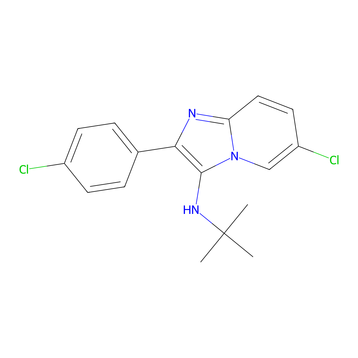 N-tert-butyl-6-chloro-2-(4-chlorophenyl)imidazo[1,2-a]pyridin-3-amine molecular structure, CAS 601502-40-3
