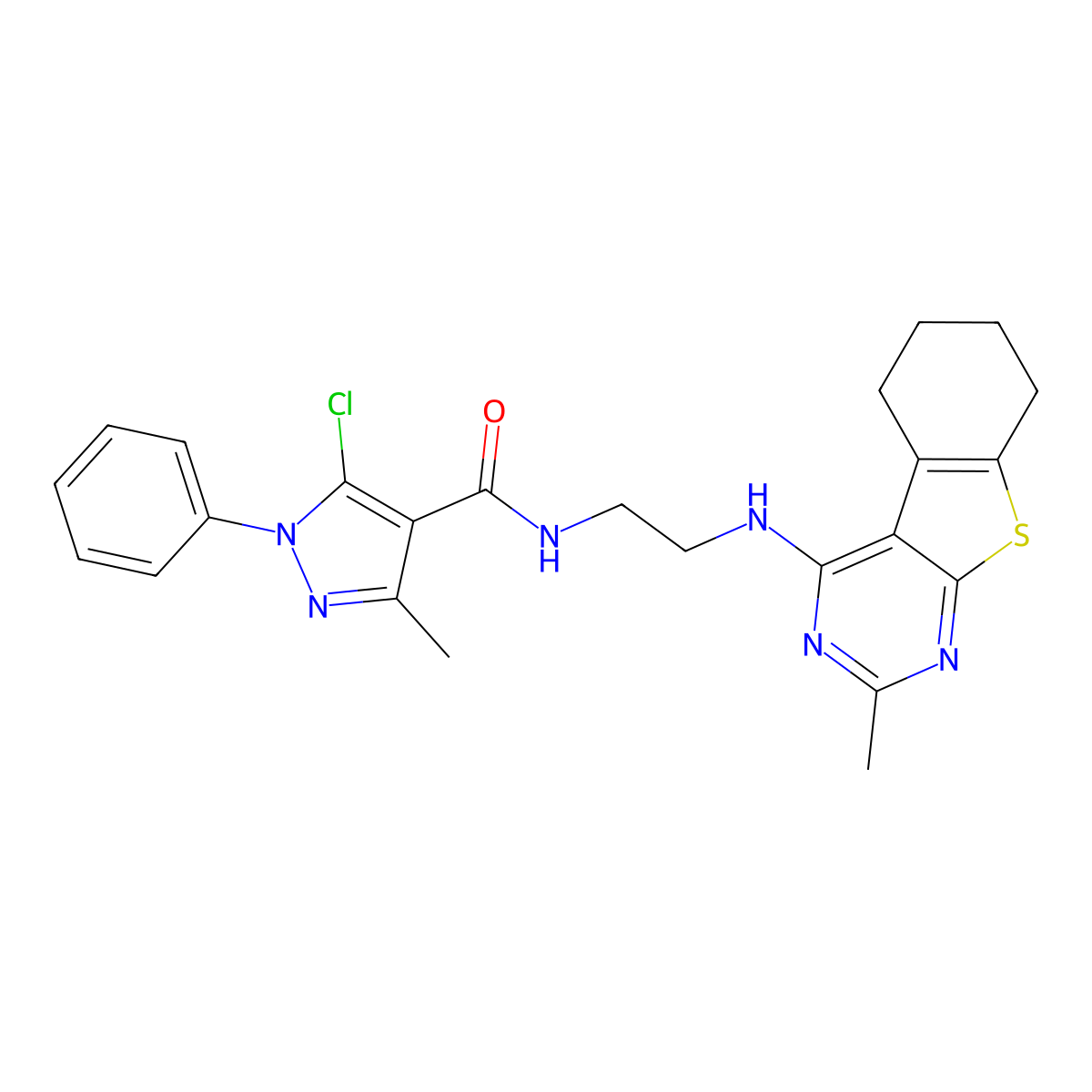 5-chloro-3-methyl-N-[2-[(2-methyl-5,6,7,8-tetrahydro-[1]benzothiolo[2,3-d]pyrimidin-4-yl)amino]ethyl]-1-phenylpyrazole-4-carboxamide molecular structure, CAS 601509-20-0