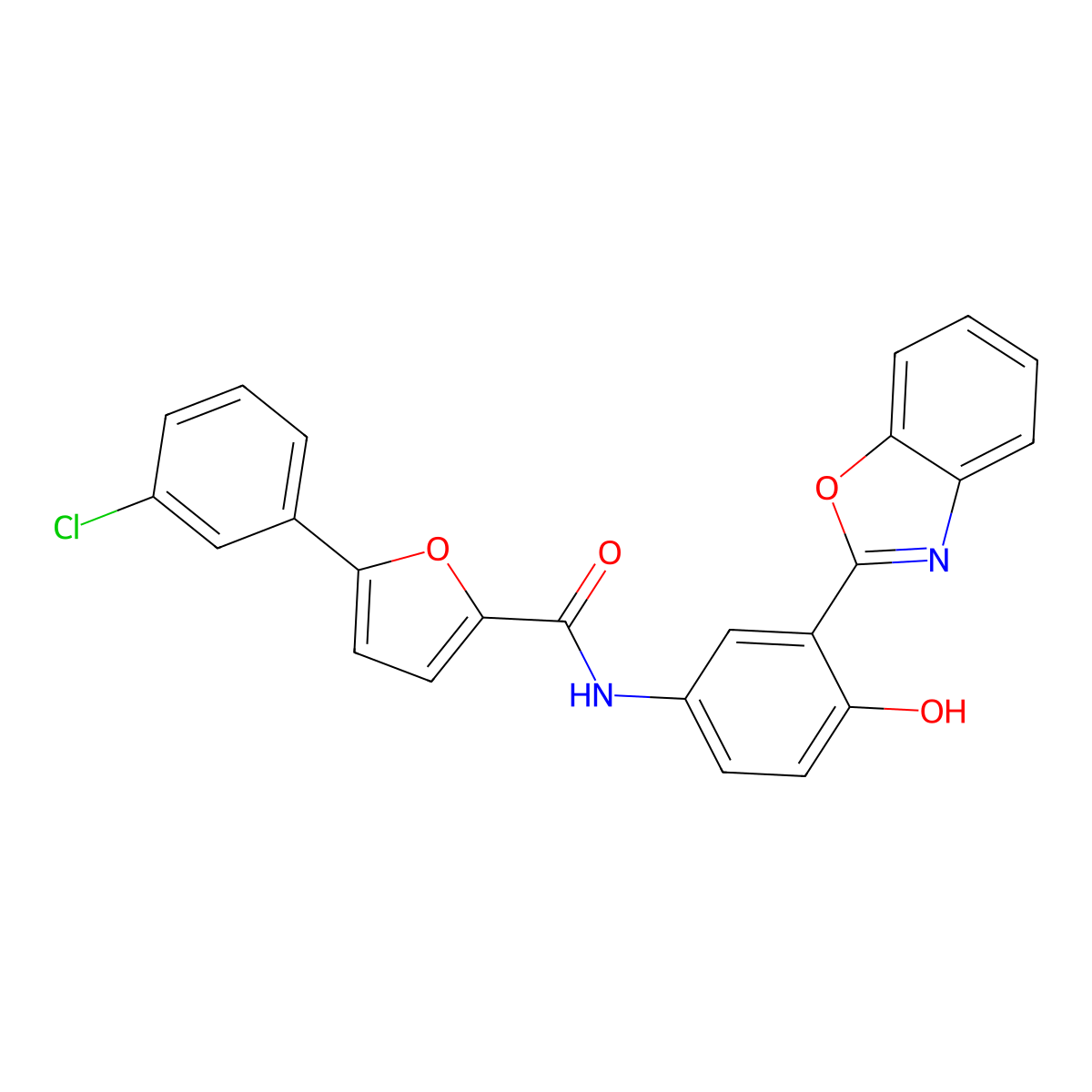 N-[(3Z)-3-(3H-Benzo[D]oxazol-2-ylidene)-4-oxo-1-cyclohexa-1,5-dienyl]-5-(3-chlorophenyl)furan-2-carboxamide molecular structure, CAS 6016-84-8