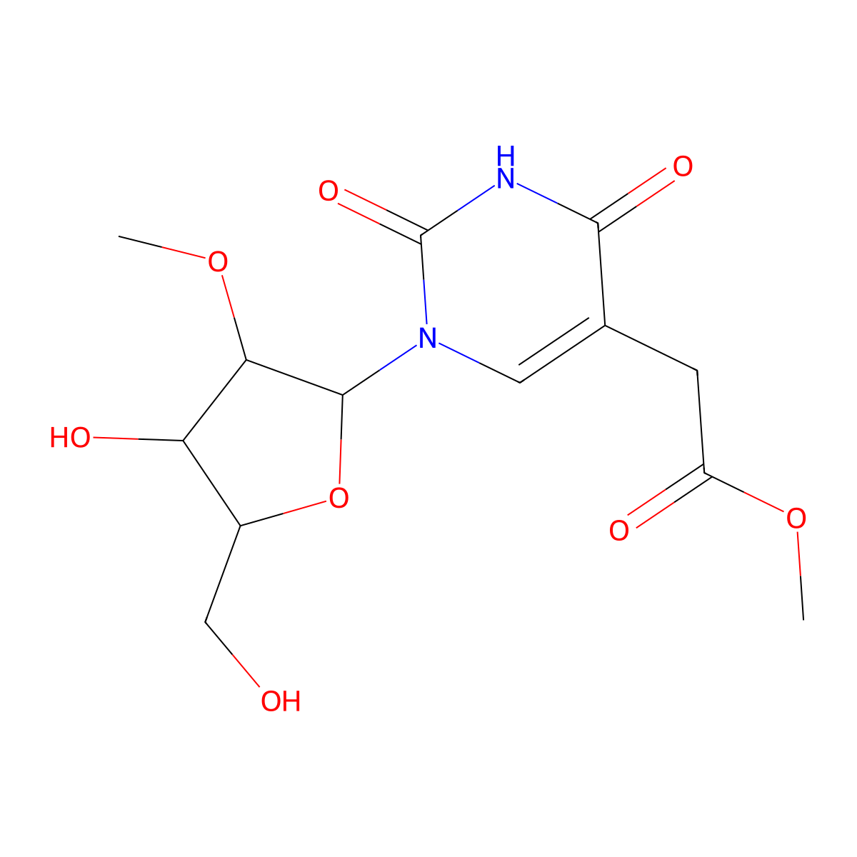 Methyl 2-(1-((2R,3R,4R,5R)-4-hydroxy-5-(hydroxymethyl)-3-methoxytetrahydrofuran-2-yl)-2,4-dioxo-1,2,3,4-tetrahydropyrimidin-5-yl)acetate molecular structure, CAS 60197-31-1
