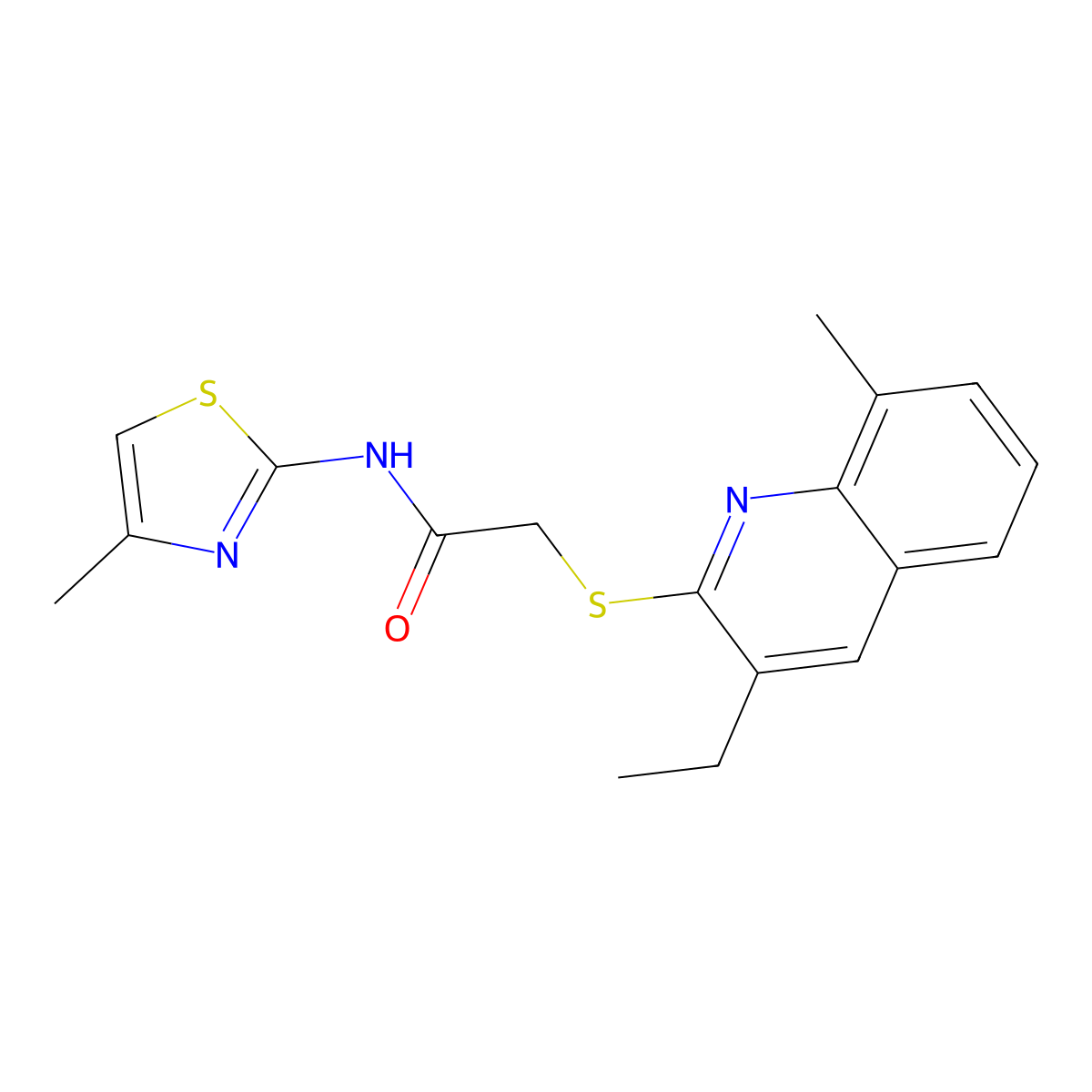 2-[(3-Ethyl-8-methyl-2-quinolinyl)thio]-N-(4-methyl-2-thiazolyl)acetamide molecular structure, CAS 602267-61-8