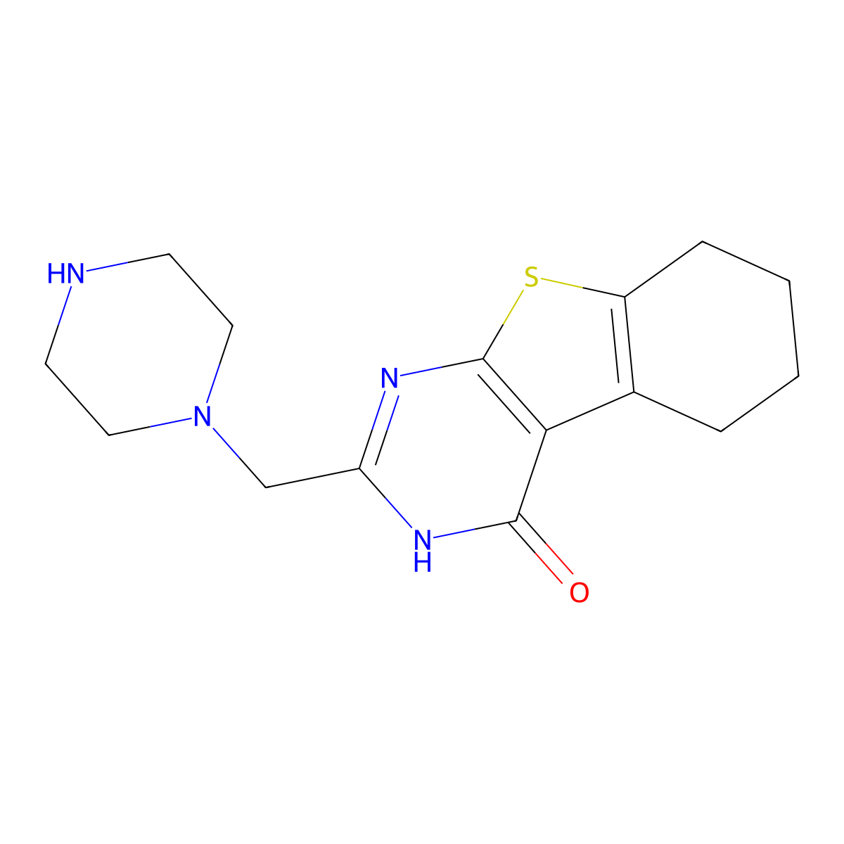 2-(piperazin-1-ylmethyl)-5,6,7,8-tetrahydro[1]benzothieno[2,3-d]pyrimidin-4(3H)-one molecular structure, CAS 602293-24-3