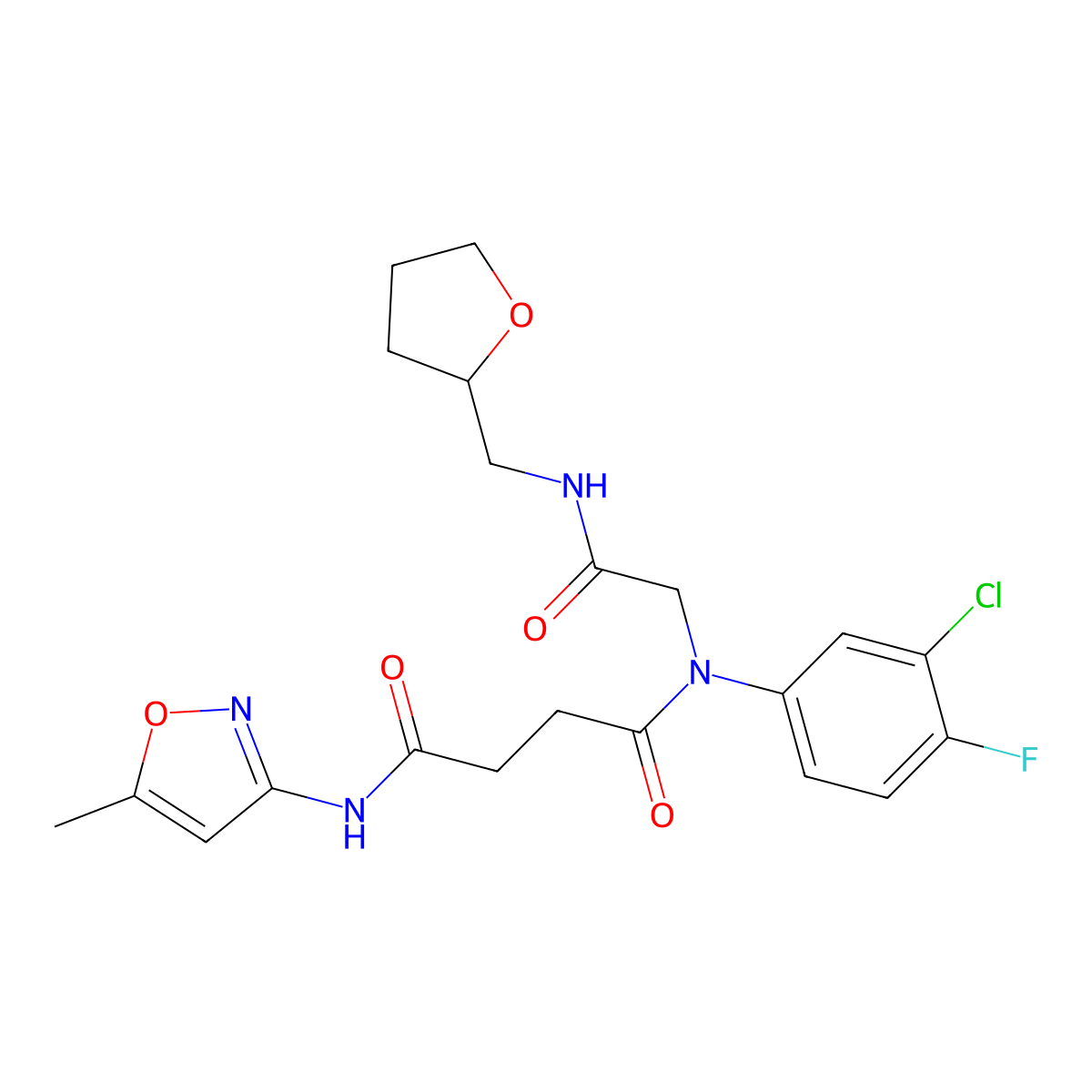 N-(3-Chloro-4-fluoro-phenyl)-N'-(5-methyl-isoxazol-3-yl)-N-{[(tetrahydro-furan-2-ylmethyl)-carbamoyl]-methyl}-succinamide molecular structure, CAS 602322-11-2