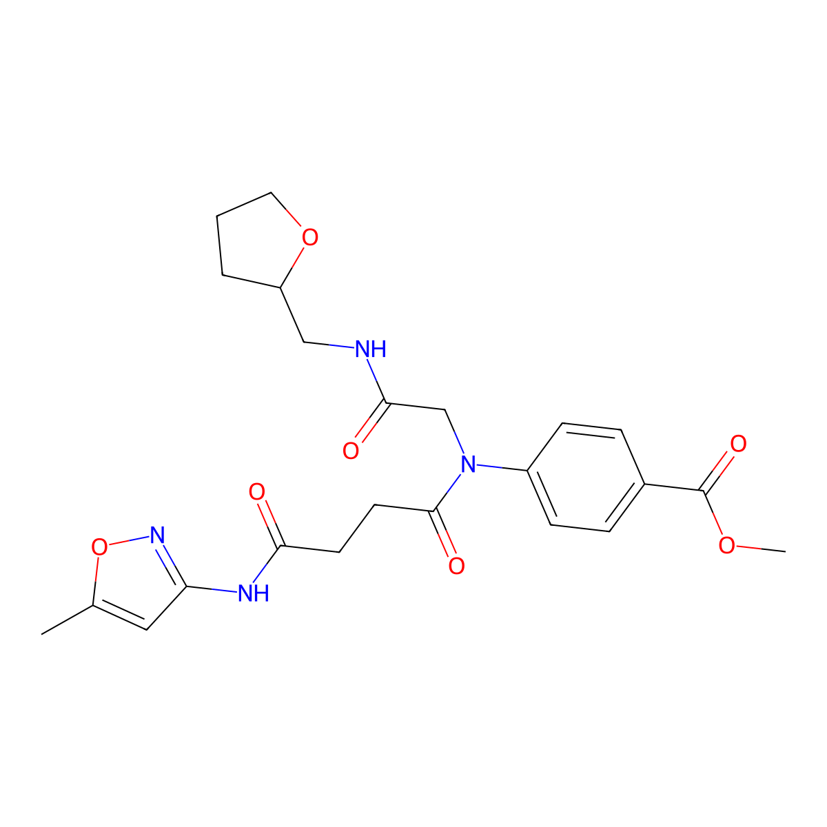 4-([3-(5-Methyl-isoxazol-3-ylcarbamoyl)-propionyl]-{[(tetrahydro-furan-2-ylmethyl)-carbamoyl]-methyl}-amino)-benzoic acid methyl ester molecular structure, CAS 602322-38-3