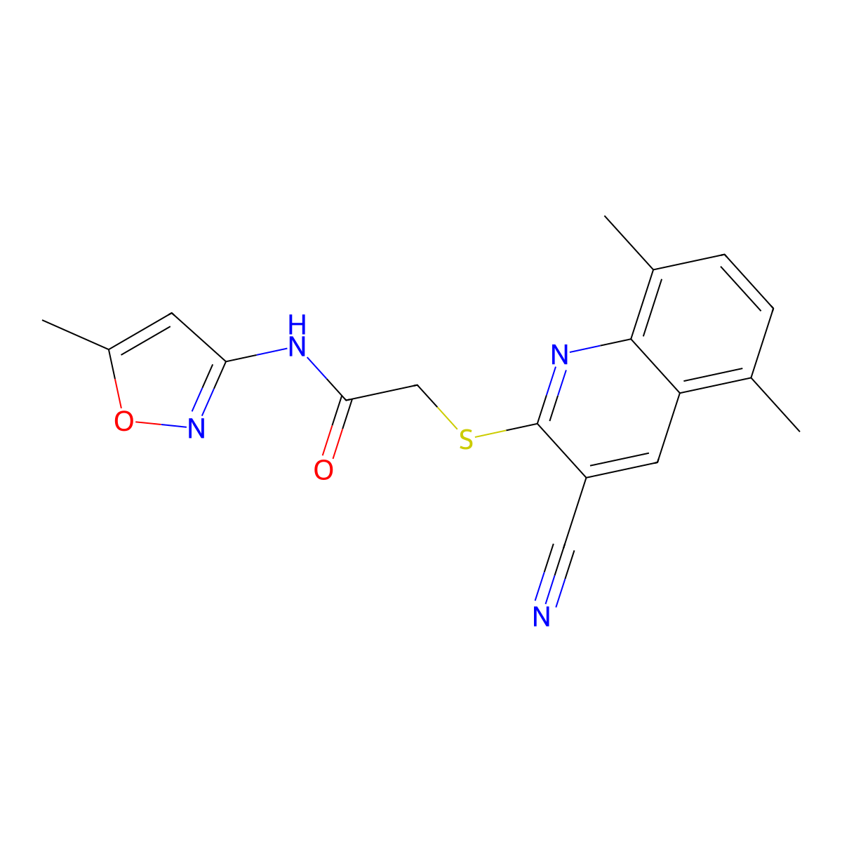 2-(3-Cyano-5,8-dimethyl-quinolin-2-ylsulfanyl)-N-(5-methyl-isoxazol-3-yl)-acetamide molecular structure, CAS 602324-32-3
