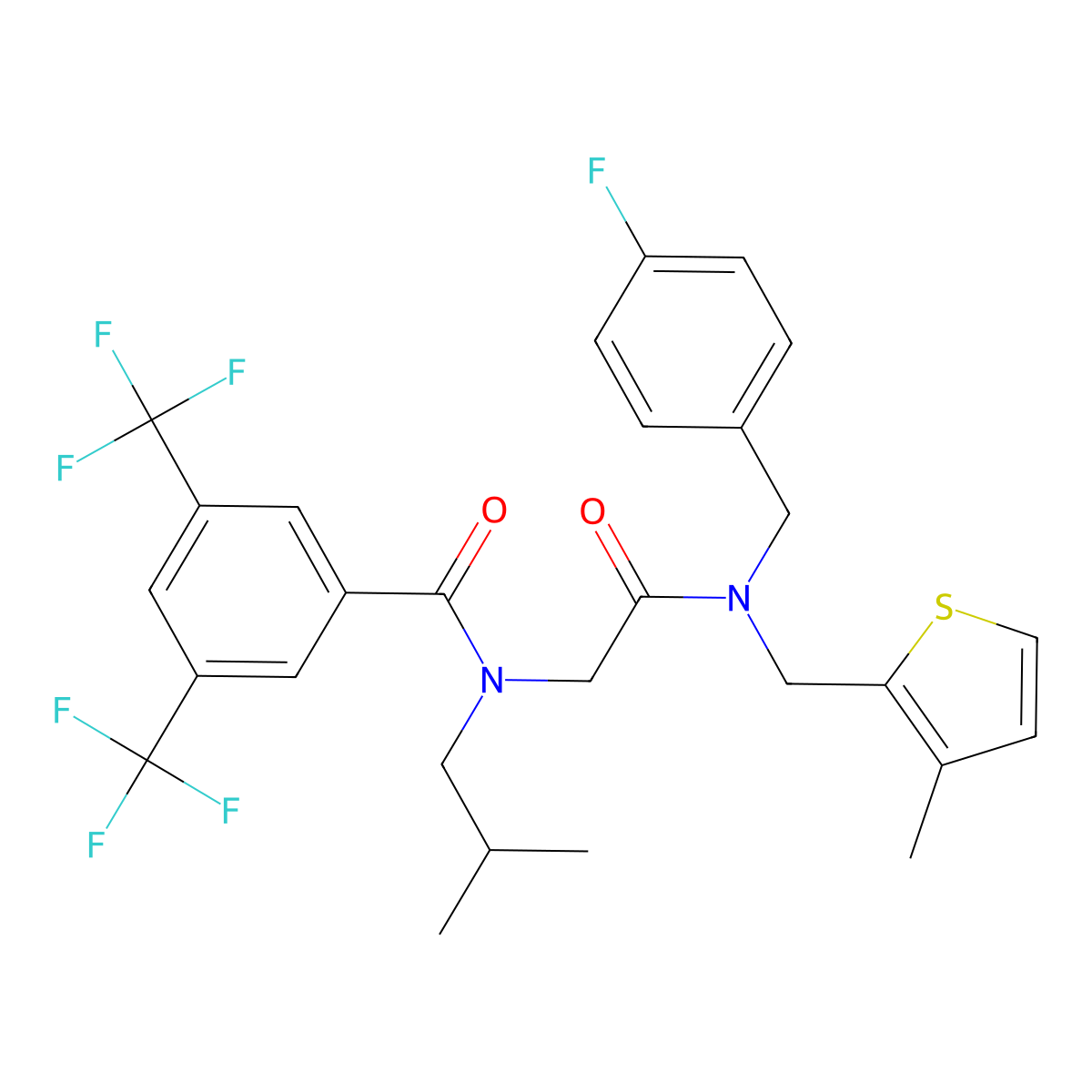 N-[2-[(4-fluorophenyl)methyl-[(3-methylthiophen-2-yl)methyl]amino]-2-oxoethyl]-N-(2-methylpropyl)-3,5-bis(trifluoromethyl)benzamide molecular structure, CAS 6024-35-7