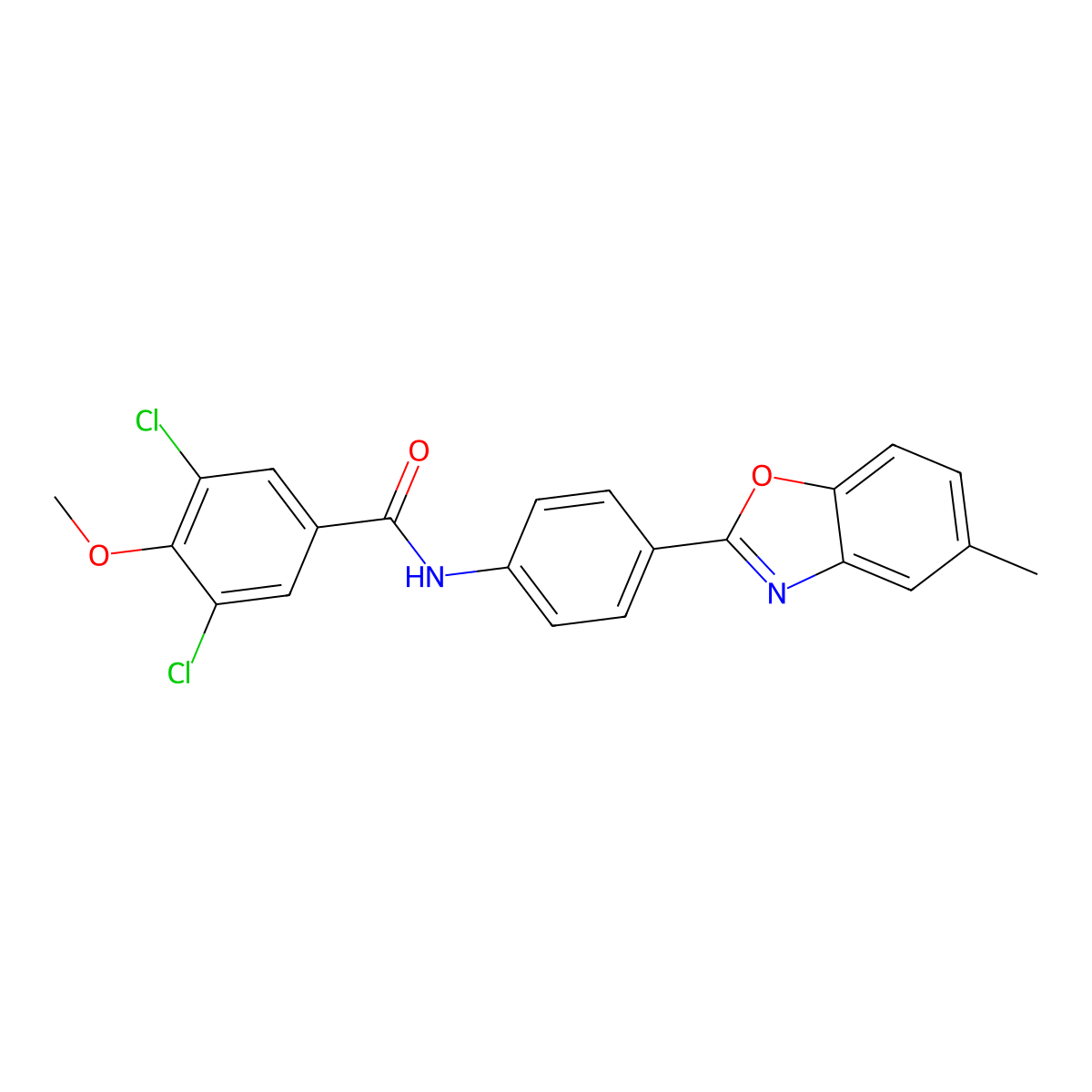 3,5-dichloro-4-methoxy-N-[4-(5-methyl-1,3-benzoxazol-2-yl)phenyl]benzamide molecular structure, CAS 6028-38-2