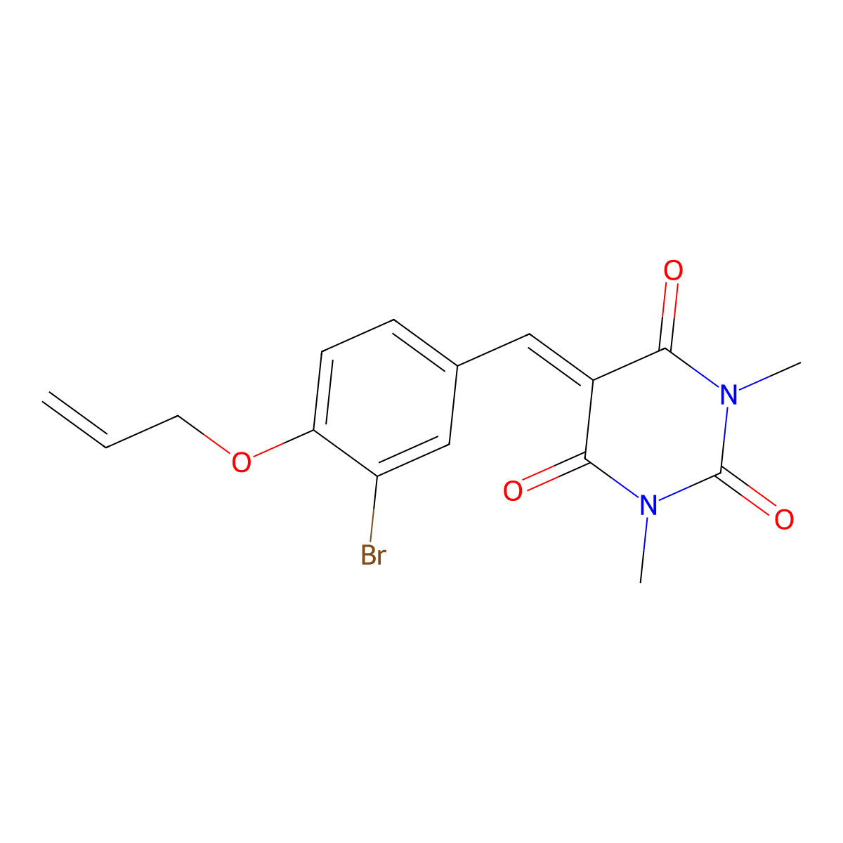 5-[3-bromo-4-(prop-2-en-1-yloxy)benzylidene]-1,3-dimethylpyrimidine-2,4,6(1H,3H,5H)-trione molecular structure, CAS 6029-20-5