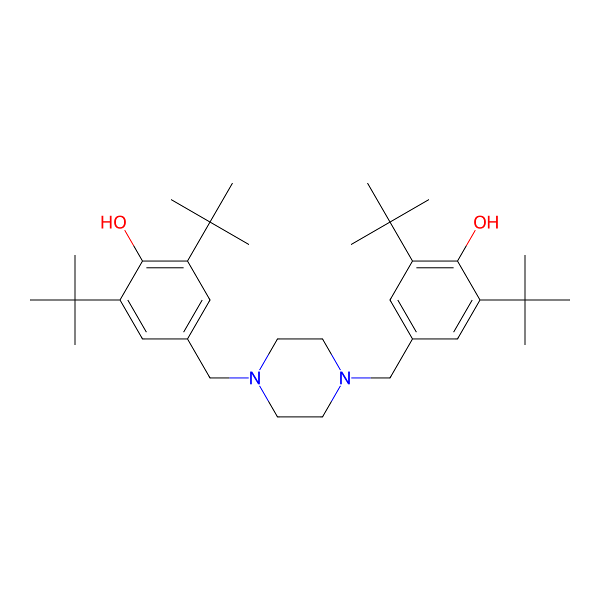 4,4'-(1,4-Piperazinediylbis(methylene))bis(2,6-bis(1,1-dimethylethyl)phenol molecular structure, CAS 6029-54-5