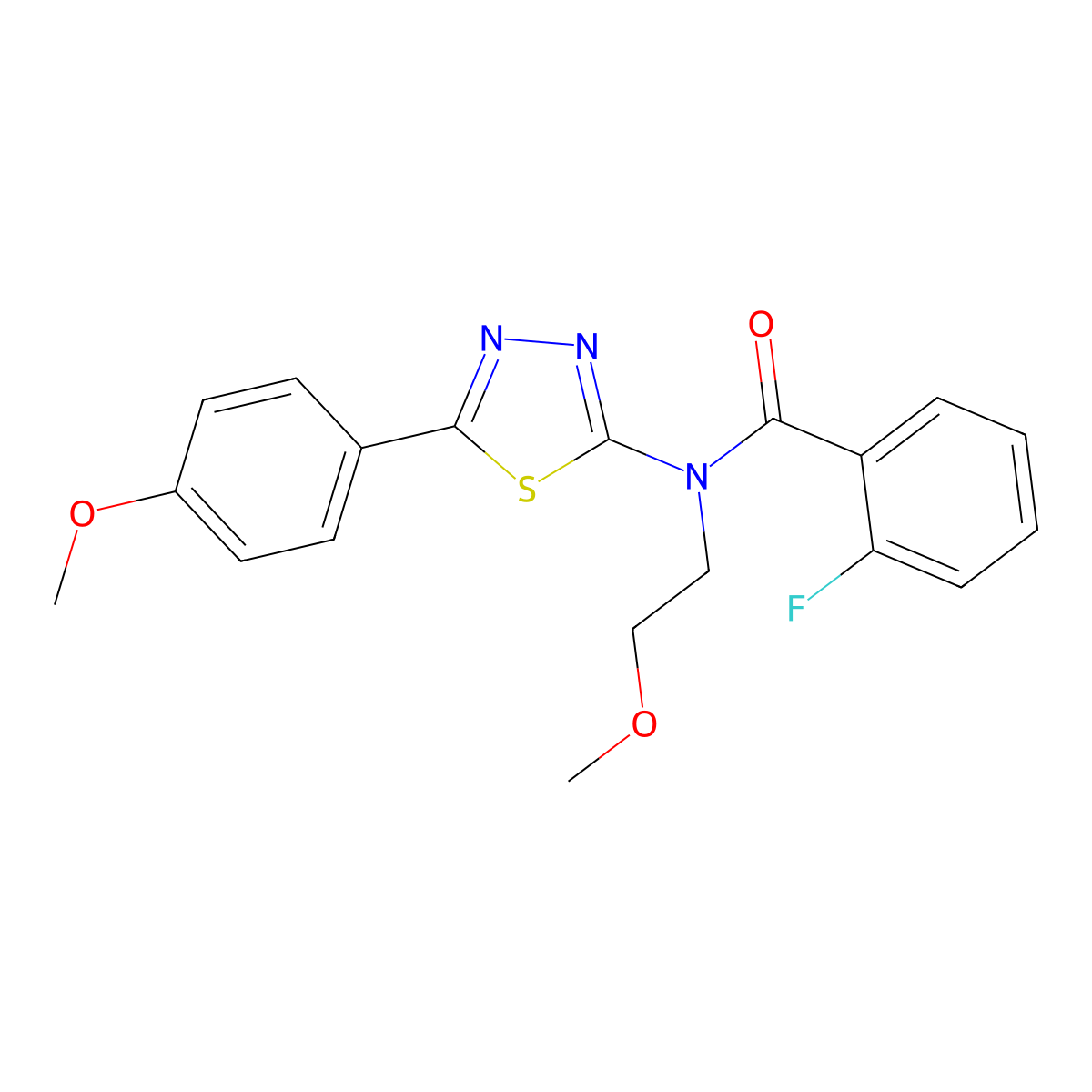 2-Fluoro-N-(2-methoxy-ethyl)-N-[5-(4-methoxy-phenyl)-[1,3,4]thiadiazol-2-yl]-benzamide molecular structure, CAS 603074-10-8
