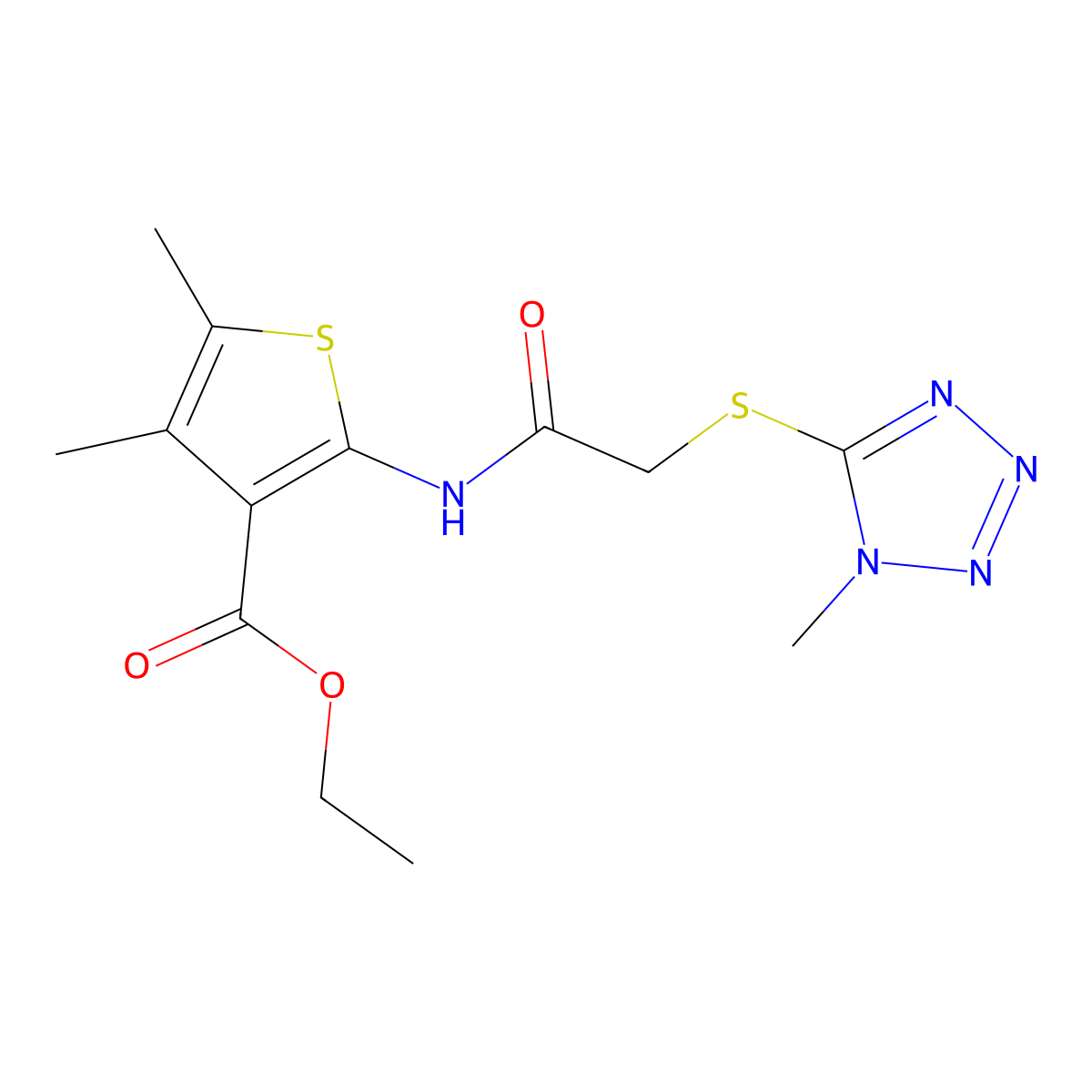 4,5-Dimethyl-2-[2-(1-methyl-1H-tetrazol-5-ylsulfanyl)-acetylamino]-thiophene-3-carboxylic acid ethyl ester molecular structure, CAS 603078-59-7