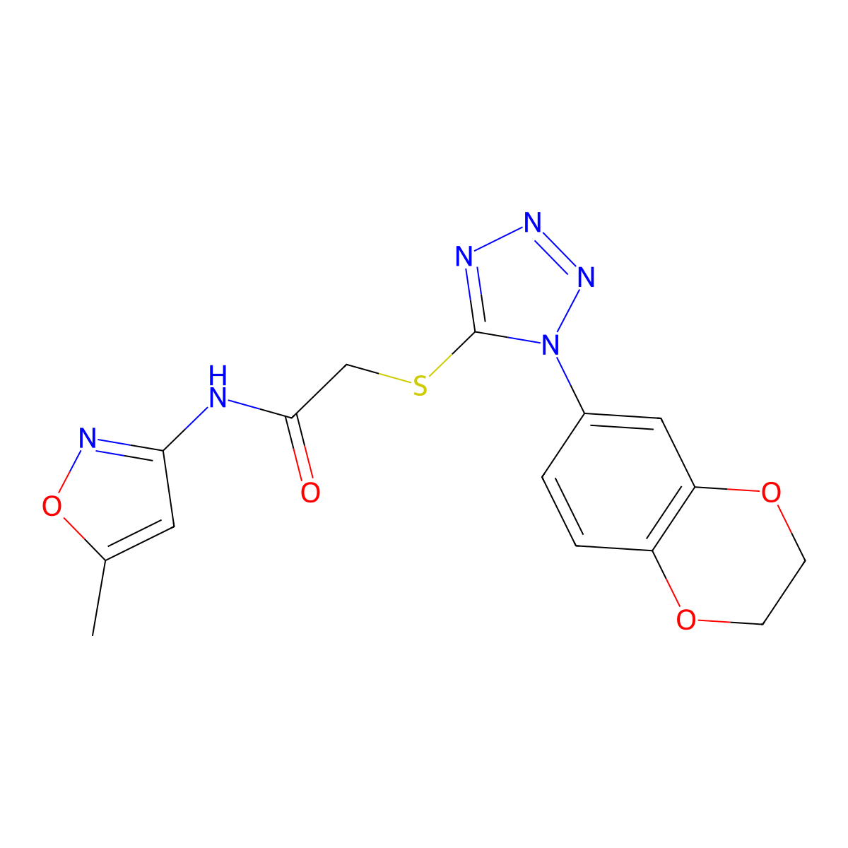 Acetamide,2-[[1-(2,3-dihydro-benzo[B][1,4]dioxine-6-YL)-1H-tetrazol-5-YL]thio]-N-(5-methyl-3-isoxazolyl)- molecular structure, CAS 603079-71-6