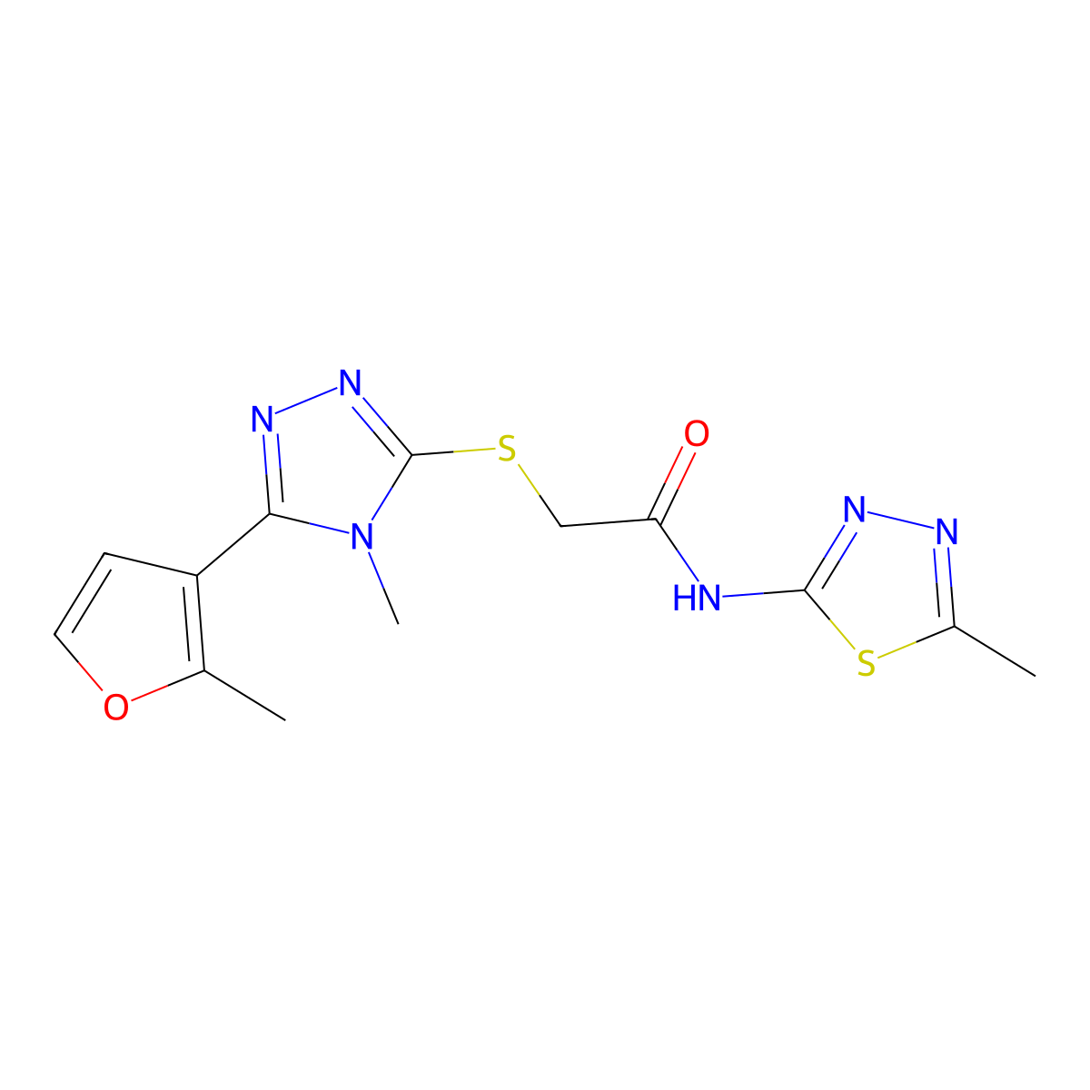 2-[[4-methyl-5-(2-methylfuran-3-yl)-1,2,4-triazol-3-yl]sulfanyl]-N-(5-methyl-1,3,4-thiadiazol-2-yl)acetamide molecular structure, CAS 603089-93-6