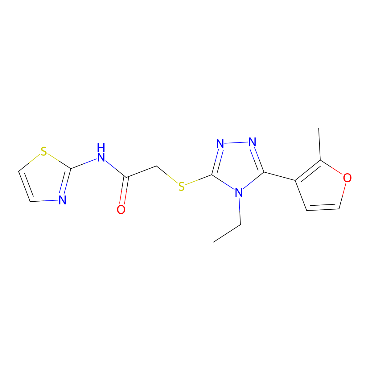 2-[[4-ethyl-5-(2-methylfuran-3-yl)-1,2,4-triazol-3-yl]sulfanyl]-N-(1,3-thiazol-2-yl)acetamide molecular structure, CAS 603091-57-2