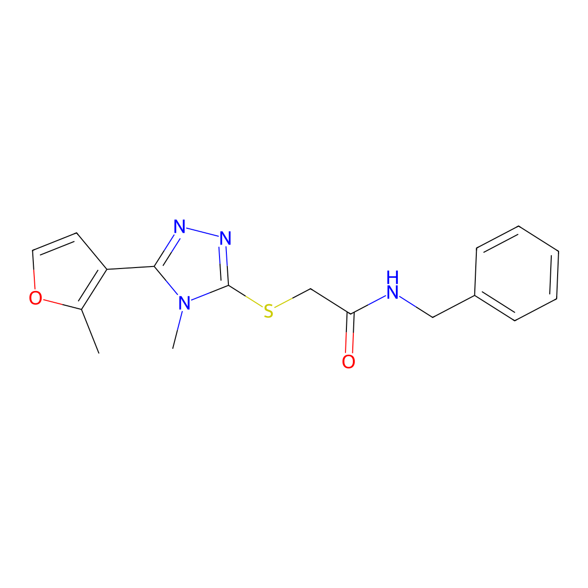 N-benzyl-2-[[4-methyl-5-(2-methylfuran-3-yl)-1,2,4-triazol-3-yl]sulfanyl]acetamide molecular structure, CAS 603098-42-6
