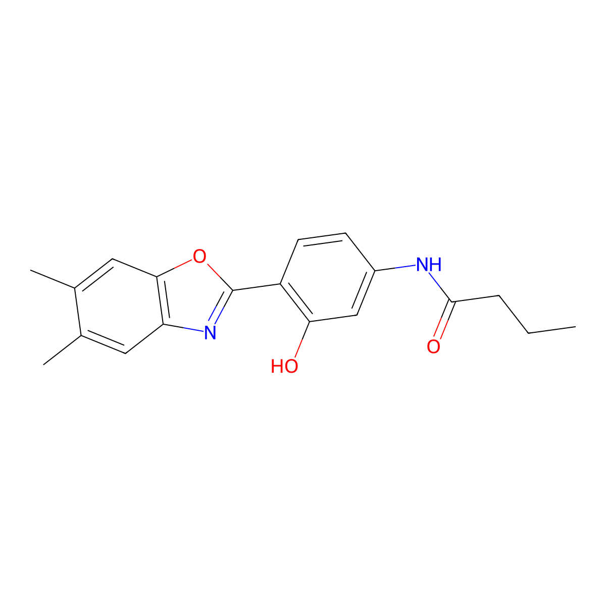 N-[(4E)-4-(5,6-dimethyl-3H-1,3-benzoxazol-2-ylidene)-3-oxocyclohexa-1,5-dien-1-yl]butanamide molecular structure, CAS 6031-93-2