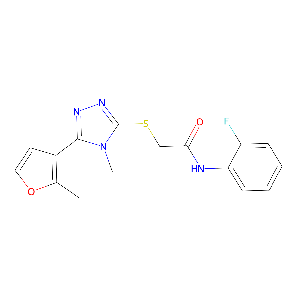 N-(2-fluorophenyl)-2-[[4-methyl-5-(2-methylfuran-3-yl)-1,2,4-triazol-3-yl]sulfanyl]acetamide molecular structure, CAS 603102-69-8