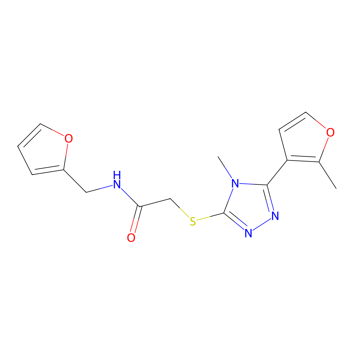 N-(furan-2-ylmethyl)-2-[[4-methyl-5-(2-methylfuran-3-yl)-1,2,4-triazol-3-yl]sulfanyl]acetamide molecular structure, CAS 603103-58-8