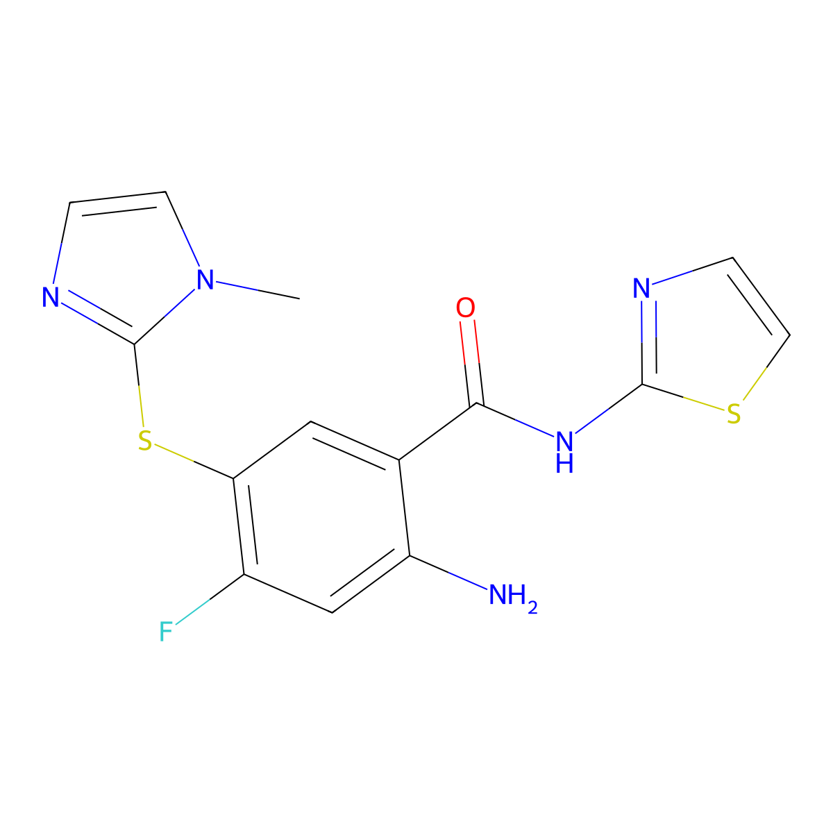 2-Amino-4-fluoro-5-[(1-methyl-1H-imidazol-2-yl)sulfanyl]-N-(1,3-thiazol-2-yl)benzamide molecular structure, CAS 603107-76-2
