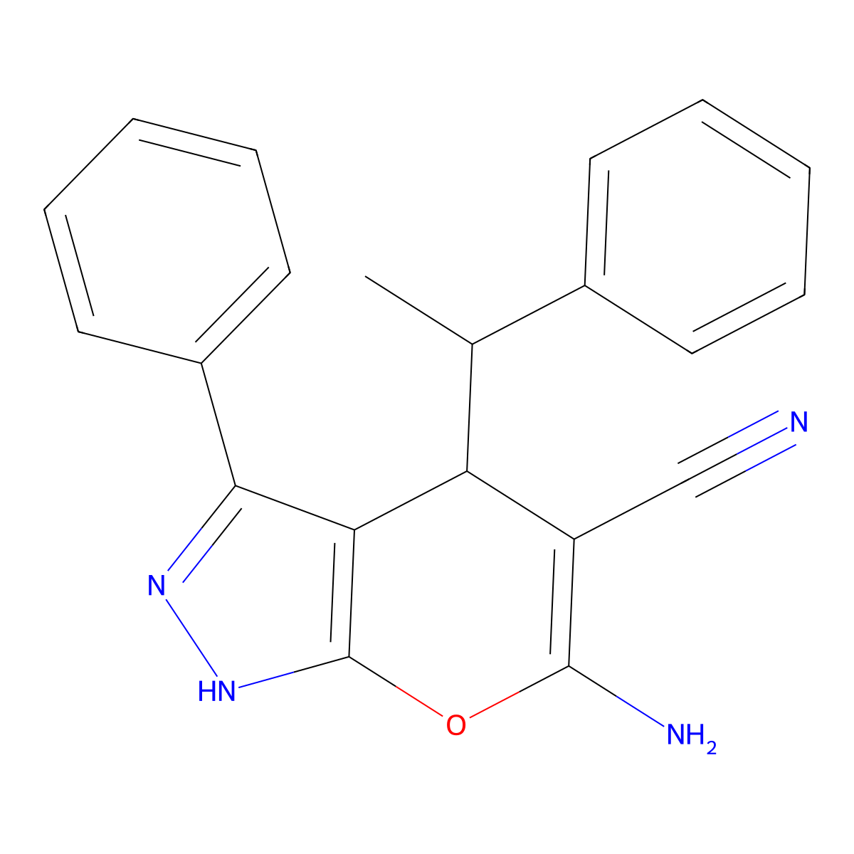 6-Amino-3-phenyl-4-(1-phenylethyl)-1,4-dihydropyrano[2,3-c]pyrazole-5-carbonitrile molecular structure, CAS 6033-83-6