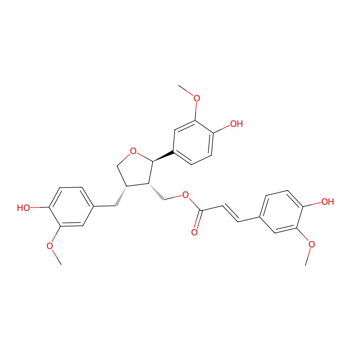 [(2R,3S,4S)-2-(4-hydroxy-3-methoxyphenyl)-4-[(4-hydroxy-3-methoxyphenyl)methyl]oxolan-3-yl]methyl 3-(4-hydroxy-3-methoxyphenyl)prop-2-enoate molecular structure, CAS 60337-67-9