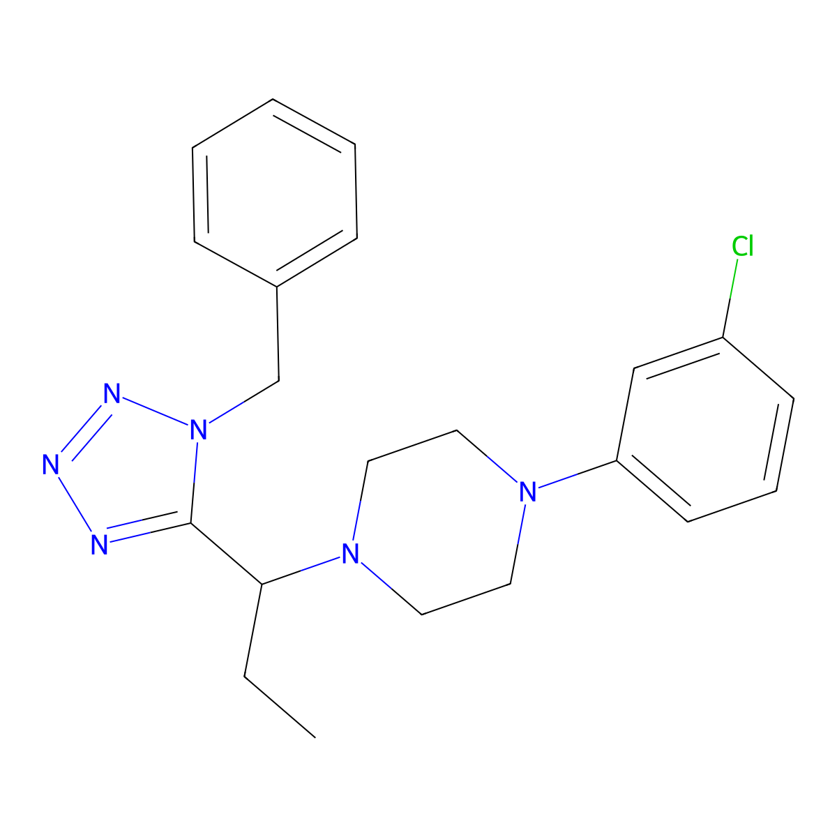 1-(3-Chlorophenyl)-4-[1-[1-(phenylmethyl)-1H-tetrazol-5-yl]propyl]piperazine molecular structure, CAS 603941-02-2