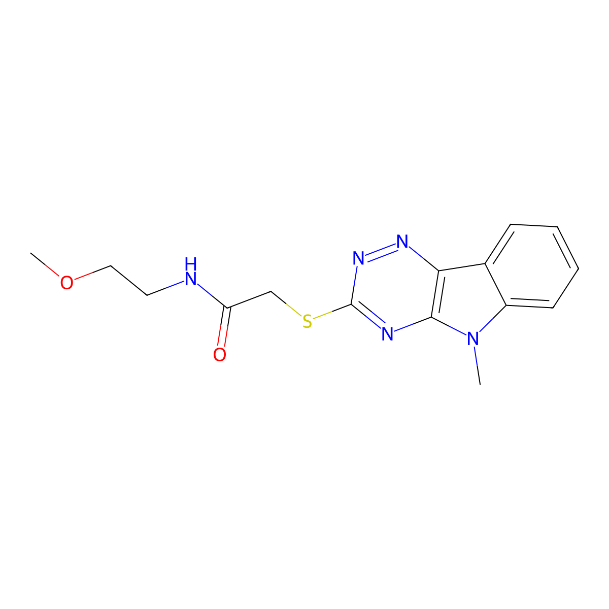 Acetamide,N-(2-methoxyethyl)-2-[(5-methyl-5H-1,2,4-triazino[5,6-B]indol-3-YL)thio]- molecular structure, CAS 603946-14-1