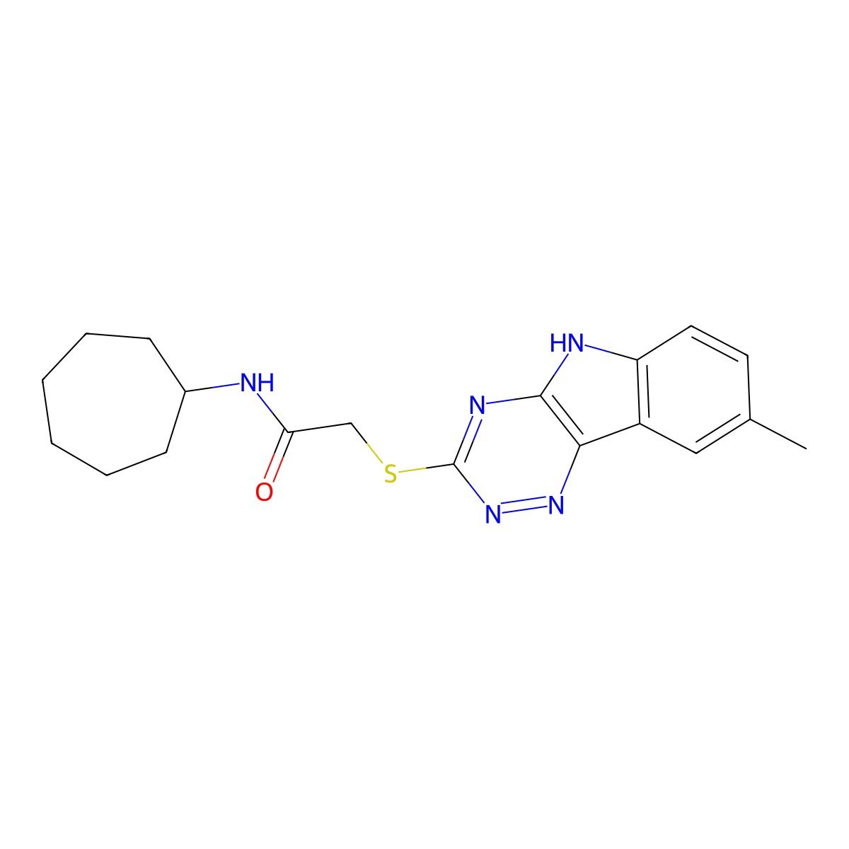 Acetamide,N-cycloheptyl-2-[(8-methyl-2H-1,2,4-triazino[5,6-B]indol-3-YL)thio]- molecular structure, CAS 603946-17-4