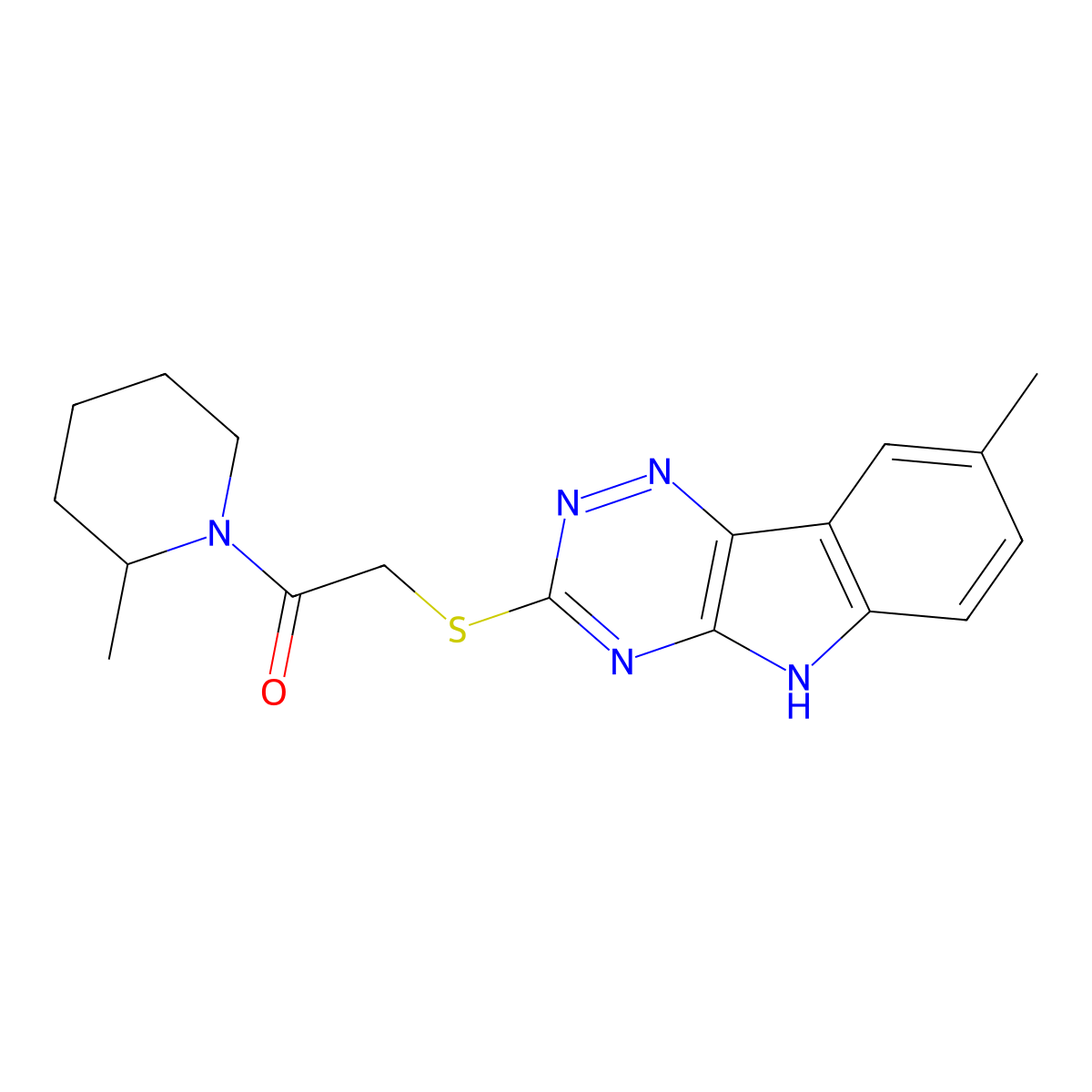 Piperidine, 2-methyl-1-[[(8-methyl-2H-1,2,4-triazino[5,6-B]indol-3-YL)thio]acetyl]- molecular structure, CAS 603946-24-3