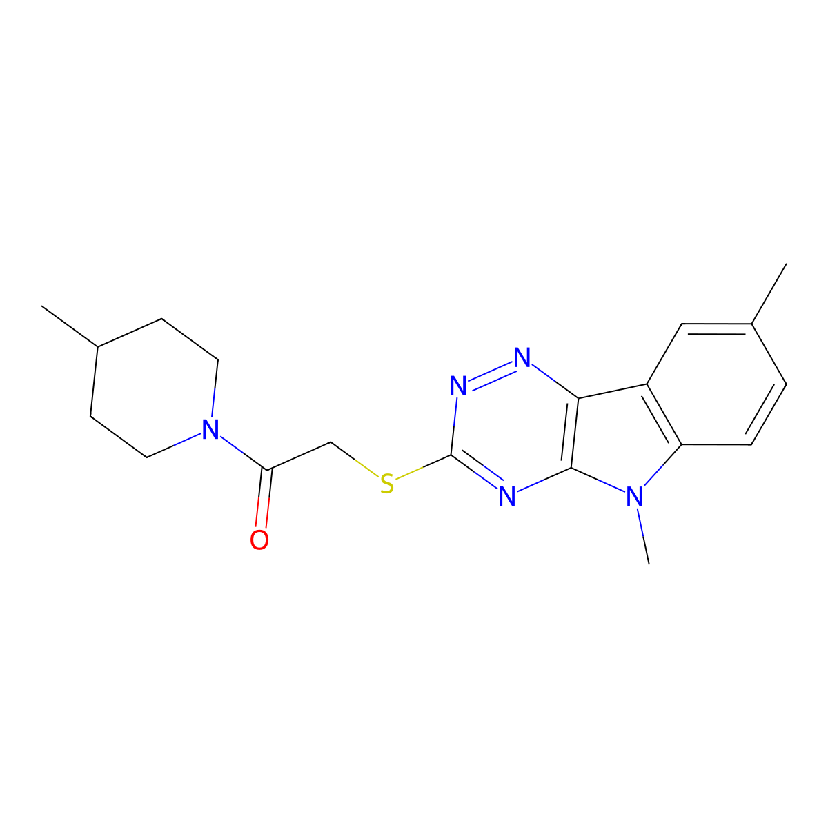 Piperidine, 1-[[(5,8-dimethyl-5H-1,2,4-triazino[5,6-B]indol-3-YL)thio]acetyl]-4-methyl- molecular structure, CAS 603946-47-0