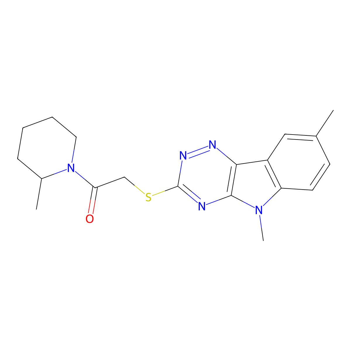 2-[(5,8-Dimethyl-[1,2,4]triazino[5,6-b]indol-3-yl)sulfanyl]-1-(2-methylpiperidin-1-yl)ethanone molecular structure, CAS 603946-48-1