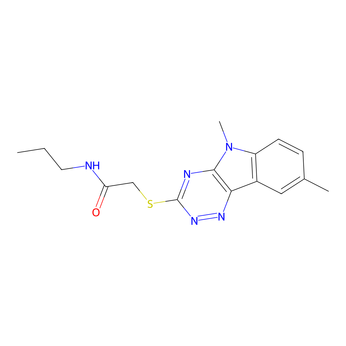 Acetamide,2-[(5,8-dimethyl-5H-1,2,4-triazino[5,6-B]indol-3-YL)thio]-N-propyl- molecular structure, CAS 603946-51-6