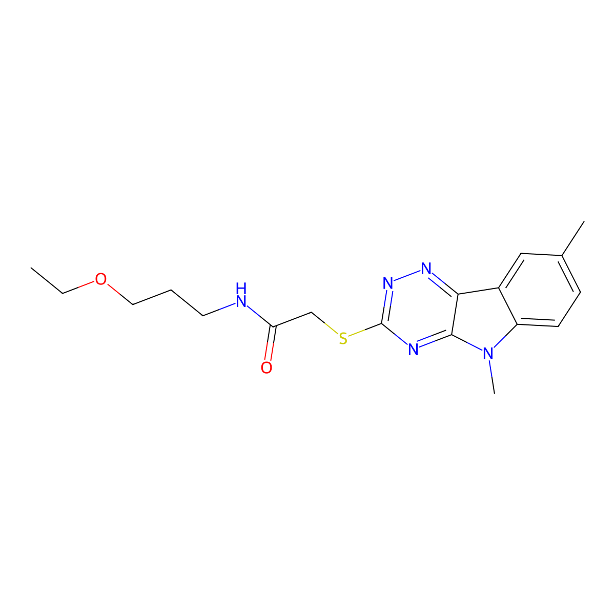 Acetamide,2-[(5,8-dimethyl-5H-1,2,4-triazino[5,6-B]indol-3-YL)thio]-N-(3-ethoxypropyl)- molecular structure, CAS 603946-53-8