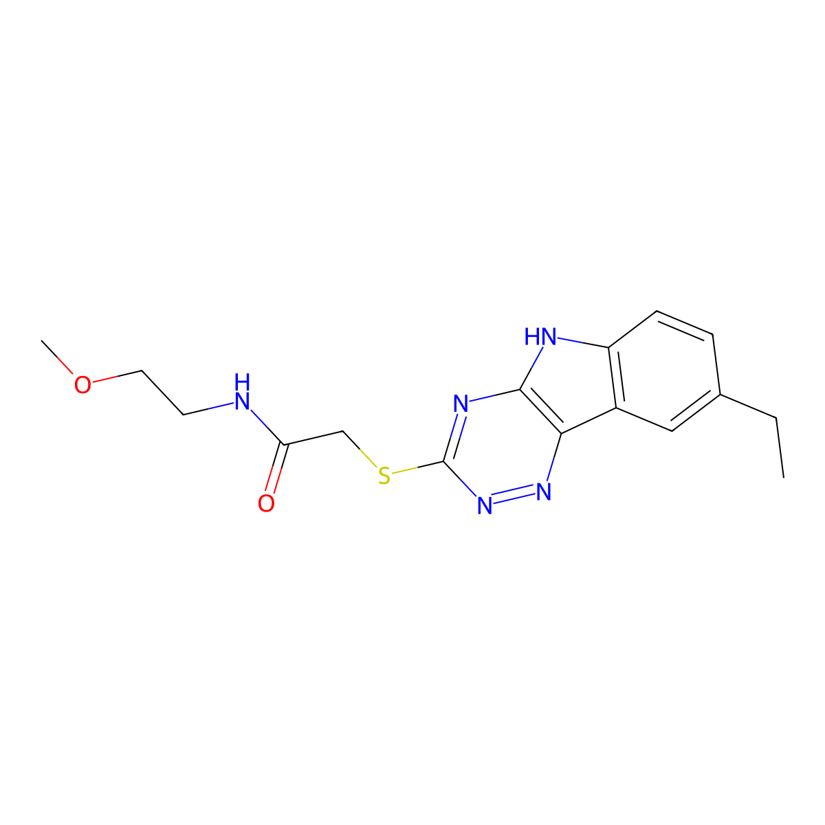 Acetamide,2-[(8-ethyl-2H-1,2,4-triazino[5,6-B]indol-3-YL)thio]-N-(2-methoxyethyl)- molecular structure, CAS 603946-58-3