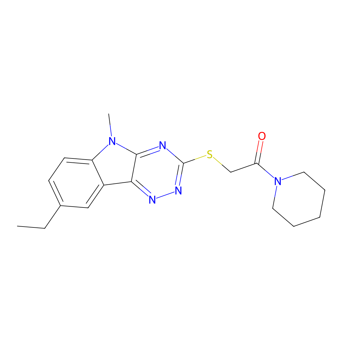2-[(8-Ethyl-5-methyl-[1,2,4]triazino[5,6-b]indol-3-yl)sulfanyl]-1-piperidin-1-ylethanone molecular structure, CAS 603946-64-1