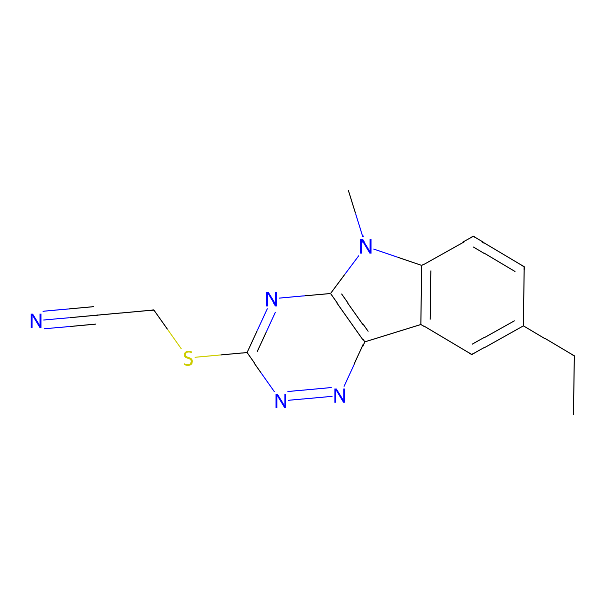 Acetonitrile,[(8-ethyl-5-methyl-5H-1,2,4-triazino[5,6-B]indol-3-YL)thio]- molecular structure, CAS 603946-66-3