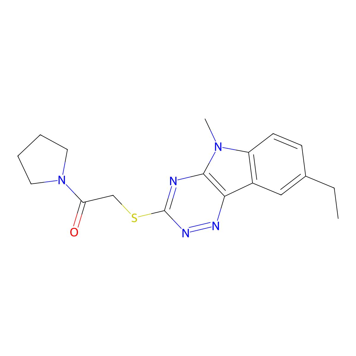 2-[(8-Ethyl-5-methyl-[1,2,4]triazino[5,6-b]indol-3-yl)sulfanyl]-1-pyrrolidin-1-ylethanone molecular structure, CAS 603946-69-6