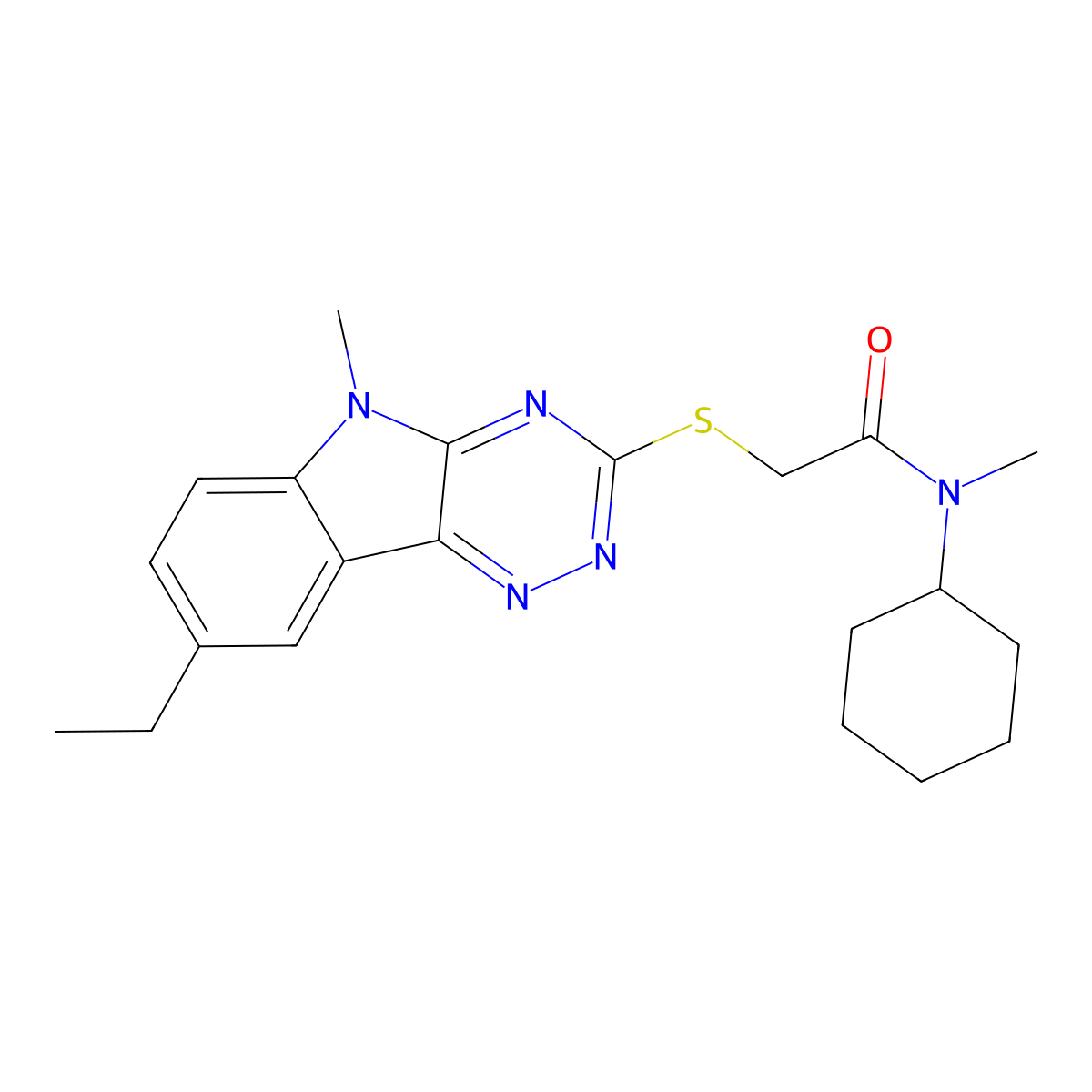 Acetamide,N-cyclohexyl-2-[(8-ethyl-5-methyl-5H-1,2,4-triazino[5,6-B]indol-3-YL)thio]-N-methyl- molecular structure, CAS 603946-73-2