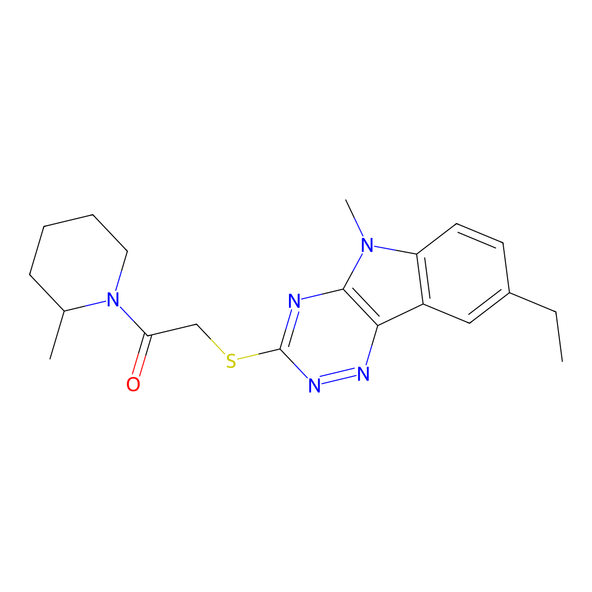 Piperidine, 1-[[(8-ethyl-5-methyl-5H-1,2,4-triazino[5,6-B]indol-3-YL)thio]acetyl]-2-methyl- molecular structure, CAS 603946-75-4