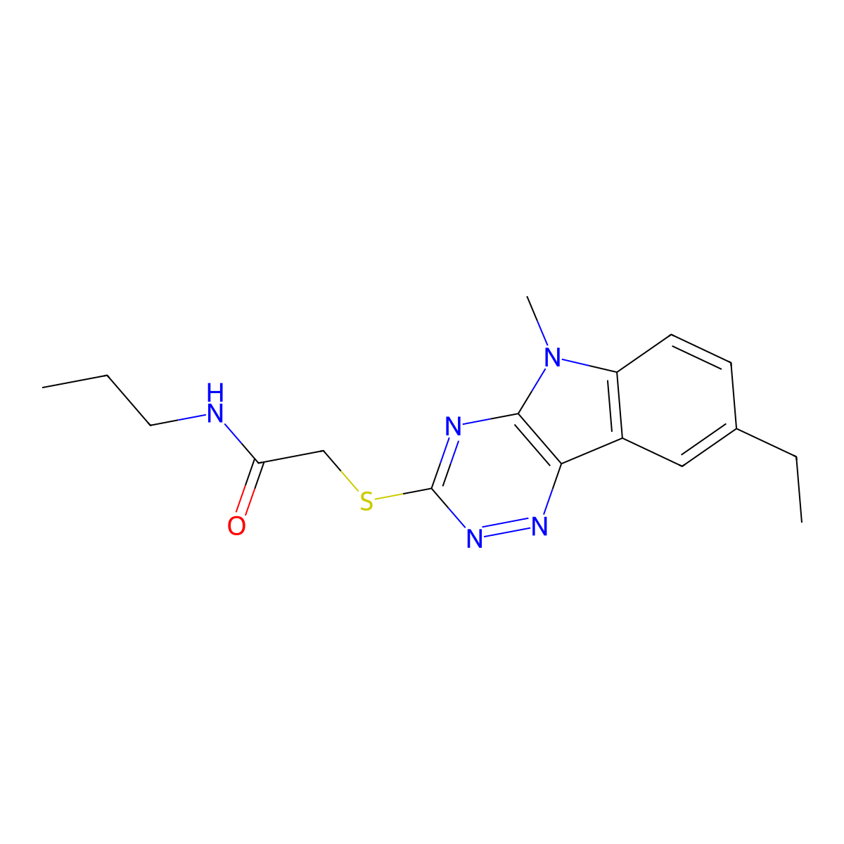 Acetamide,2-[(8-ethyl-5-methyl-5H-1,2,4-triazino[5,6-B]indol-3-YL)thio]-N-propyl- molecular structure, CAS 603946-78-7