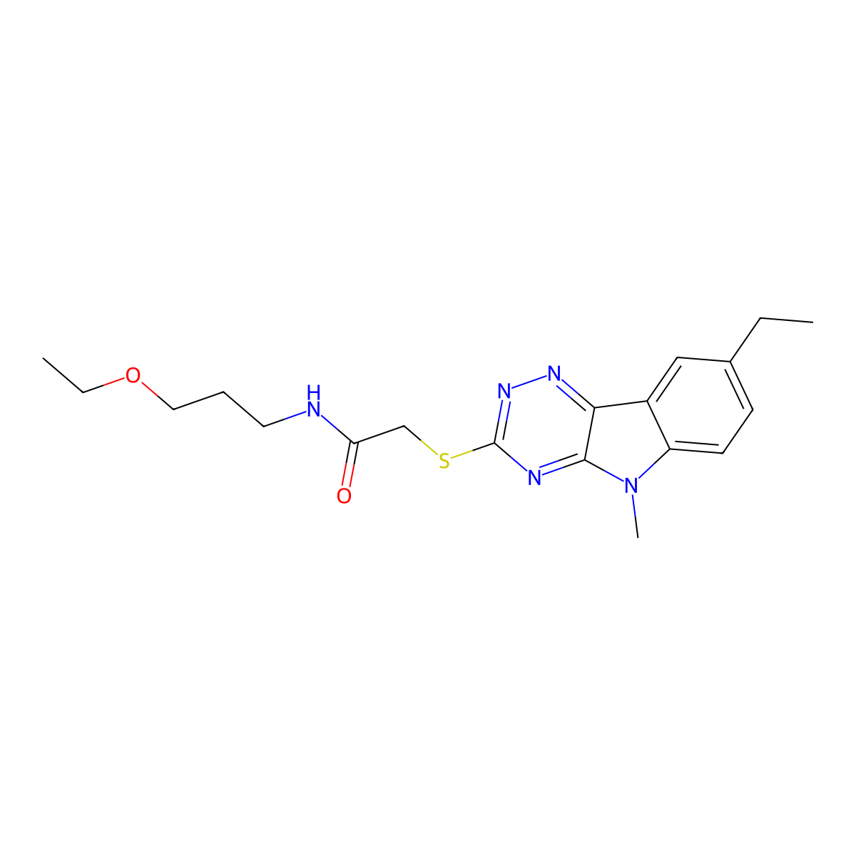 Acetamide,N-(3-ethoxypropyl)-2-[(8-ethyl-5-methyl-5H-1,2,4-triazino[5,6-B]indol-3-YL)thio]- molecular structure, CAS 603946-81-2