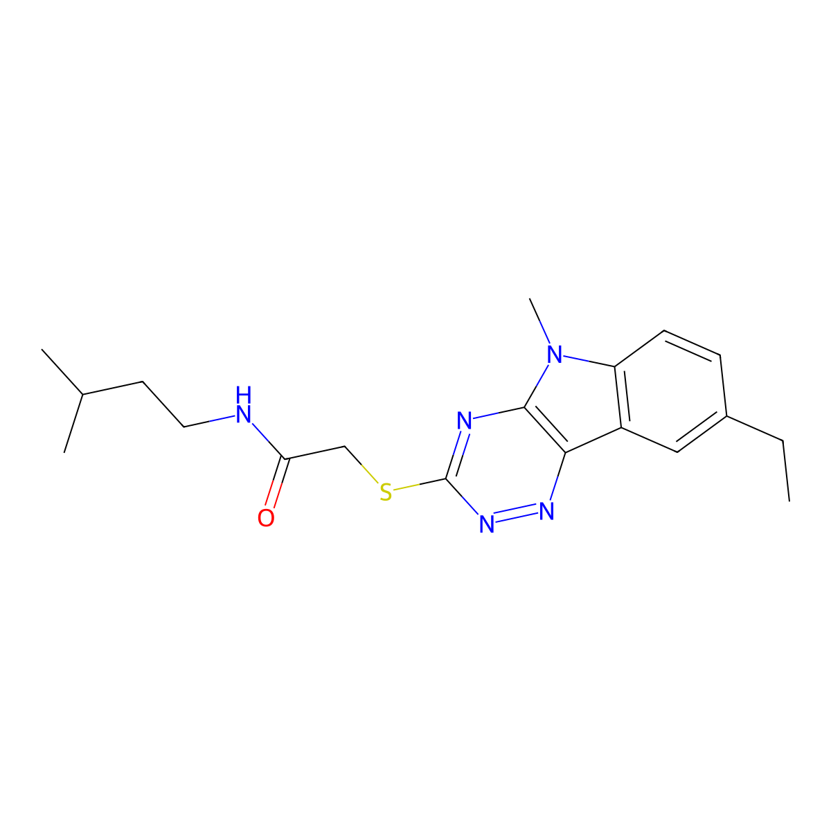 Acetamide,2-[(8-ethyl-5-methyl-5H-1,2,4-triazino[5,6-B]indol-3-YL)thio]-N-(3-methylbutyl)- molecular structure, CAS 603946-84-5