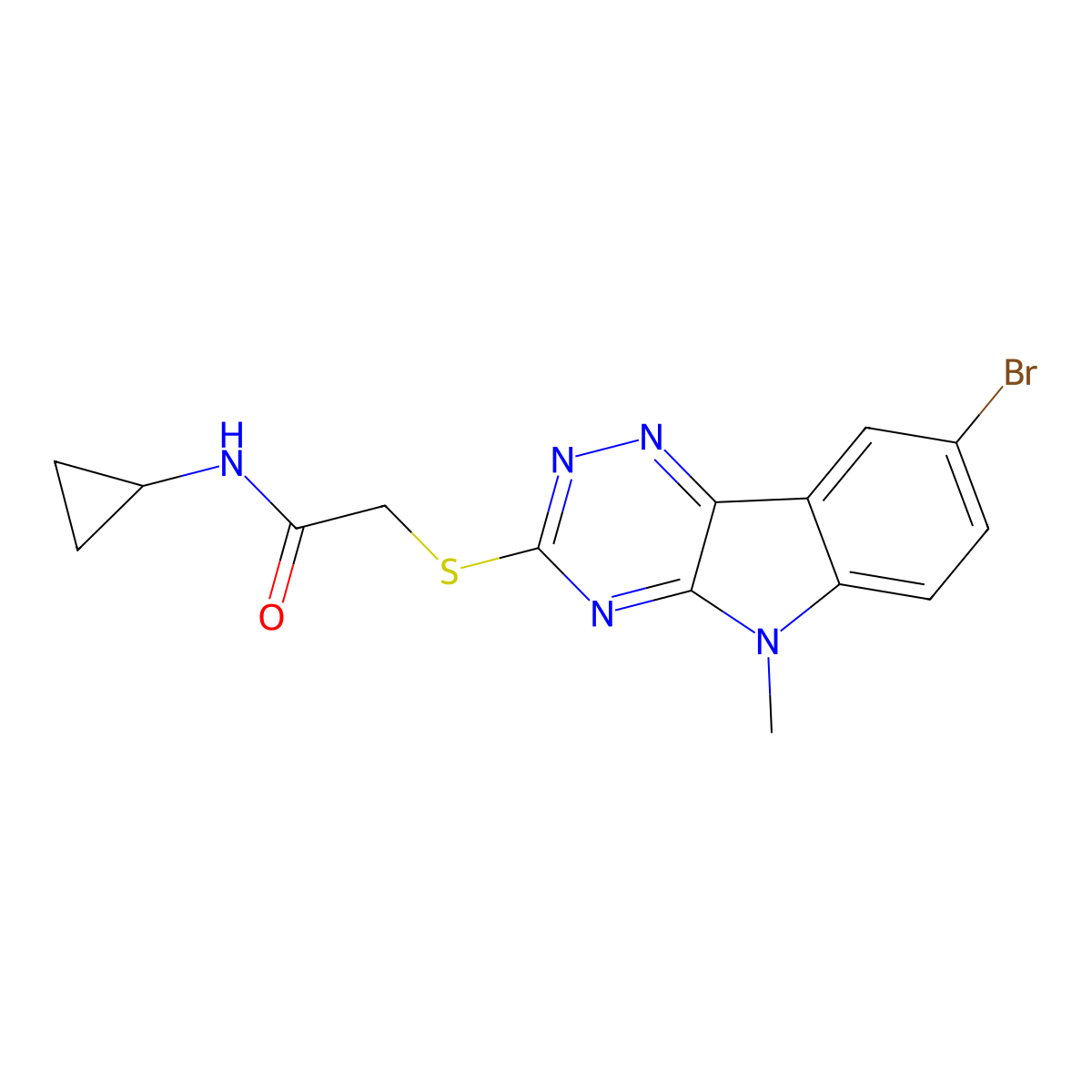 2-[(8-bromo-5-methyl-5H-[1,2,4]triazino[5,6-b]indol-3-yl)sulfanyl]-N-cyclopropylacetamide molecular structure, CAS 603947-08-6