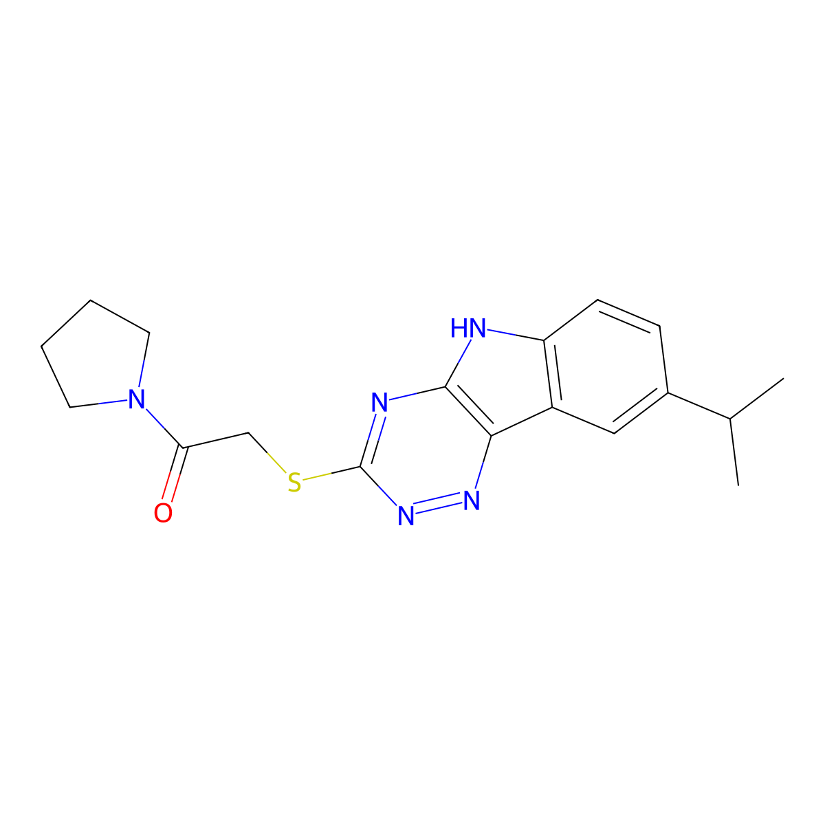 2-[(8-propan-2-yl-5H-[1,2,4]triazino[5,6-b]indol-3-yl)sulfanyl]-1-pyrrolidin-1-ylethanone molecular structure, CAS 603947-23-5