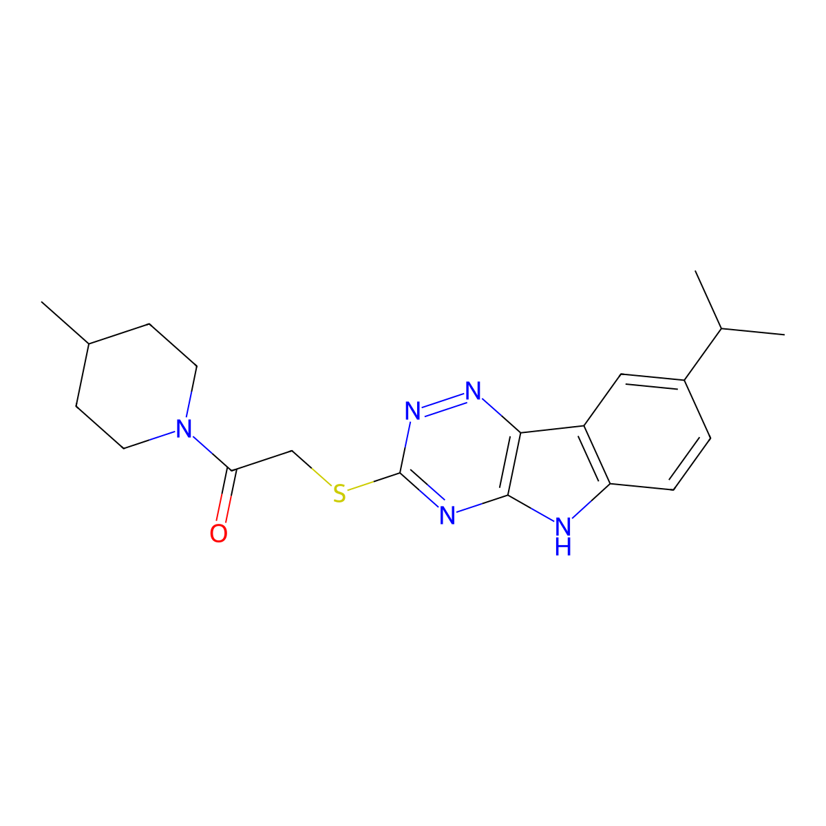 1-(4-methylpiperidin-1-yl)-2-[(8-propan-2-yl-5H-[1,2,4]triazino[5,6-b]indol-3-yl)sulfanyl]ethanone molecular structure, CAS 603947-29-1
