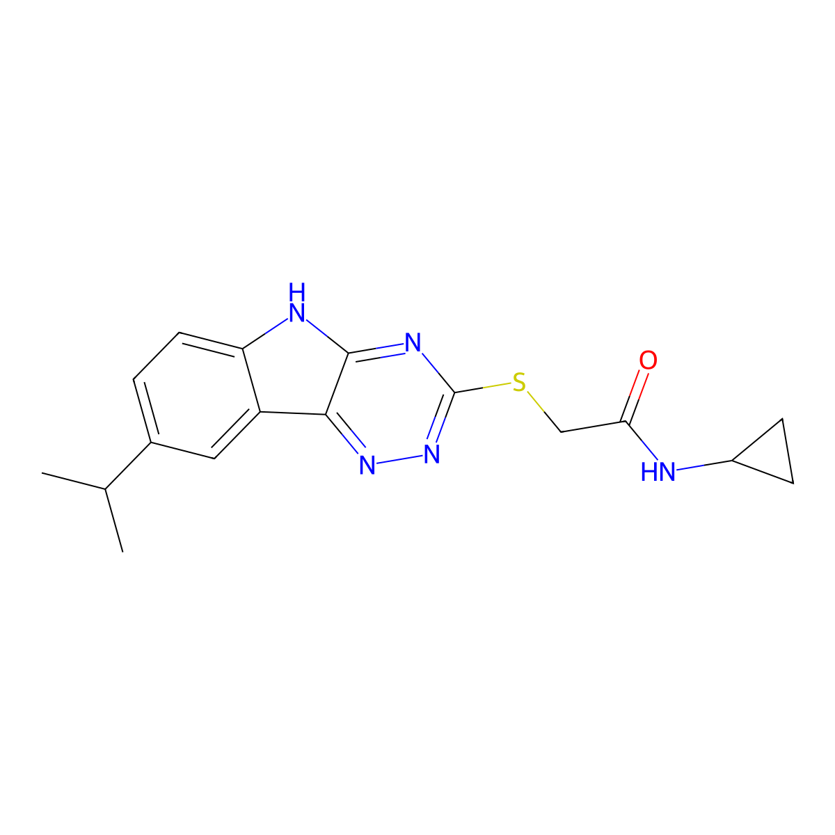 N-cyclopropyl-2-[(8-propan-2-yl-5H-[1,2,4]triazino[5,6-b]indol-3-yl)sulfanyl]acetamide molecular structure, CAS 603947-31-5