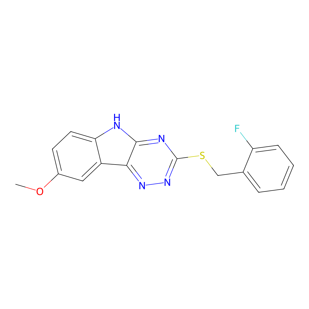 3-[(2-fluorophenyl)methylsulfanyl]-8-methoxy-5H-[1,2,4]triazino[5,6-b]indole molecular structure, CAS 603947-41-7